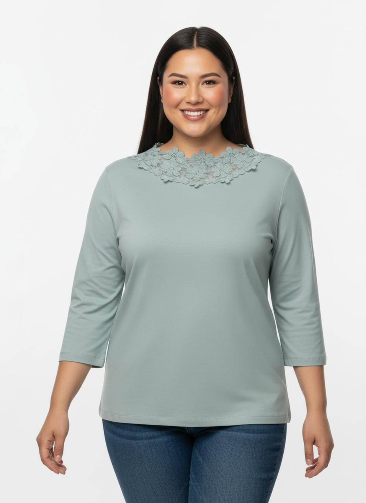 3/4-Arm-Shirt mit transparenter Blüten-Spitze - kalkmint