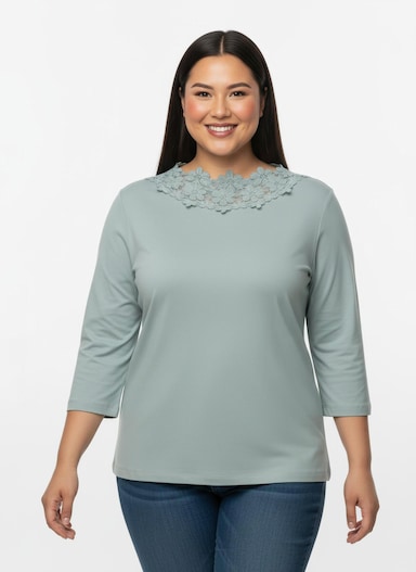 3/4-Arm-Shirt mit transparenter Blüten-Spitze - kalkmint