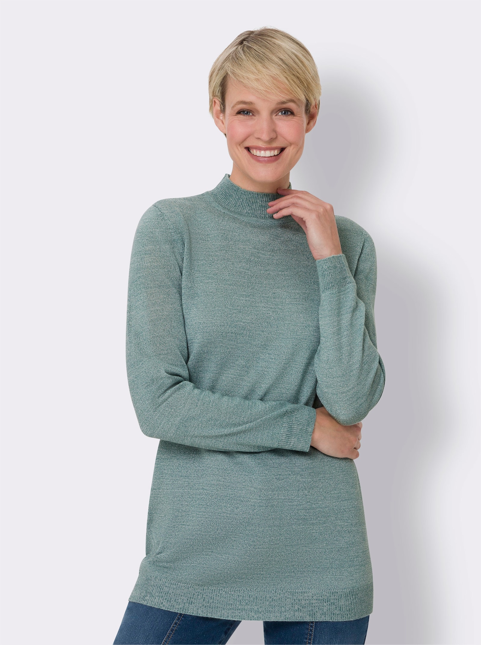 Longpullover in Melange-Optik - jade-ecru-meliert