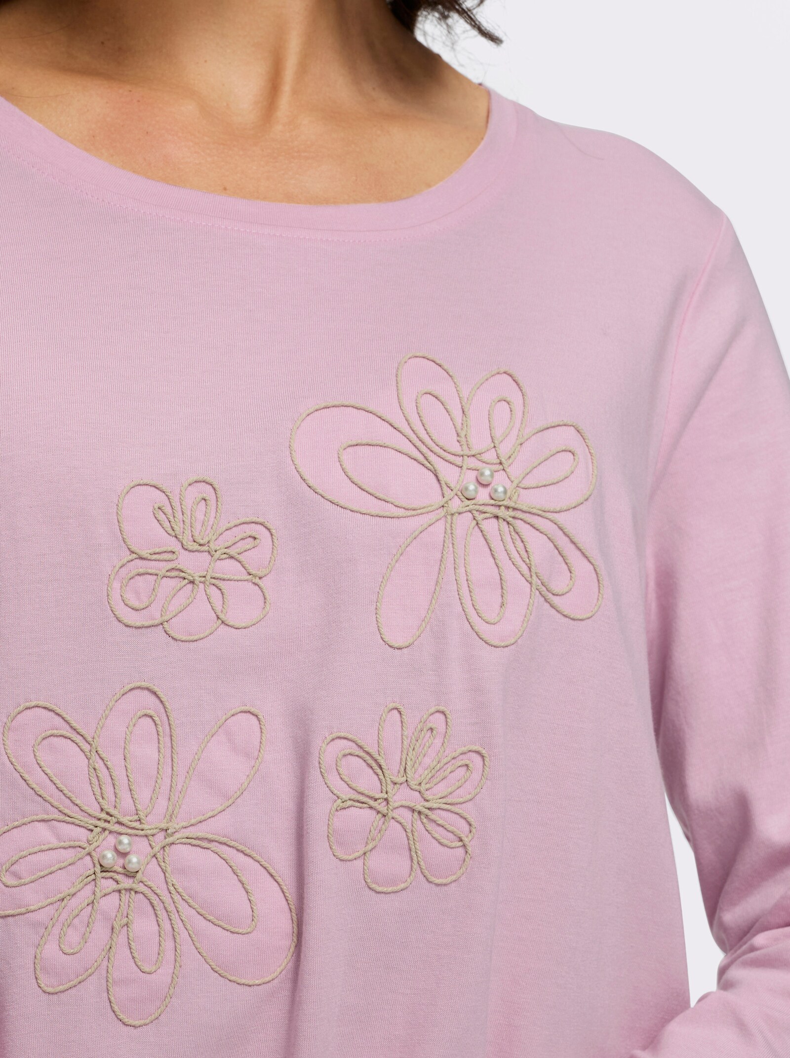 Langarmshirt mit Kordelstickerei und Zierperlen - rosé