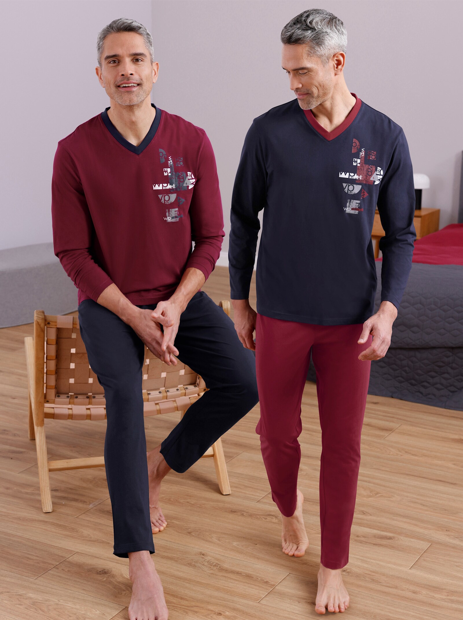 wäschepur men Schlafanzüge - dunkelrot-bedruckt + marine-bedruckt