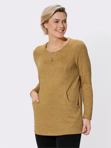 Langarmshirt in angerauter Qualität - ocker-schwarz-meliert