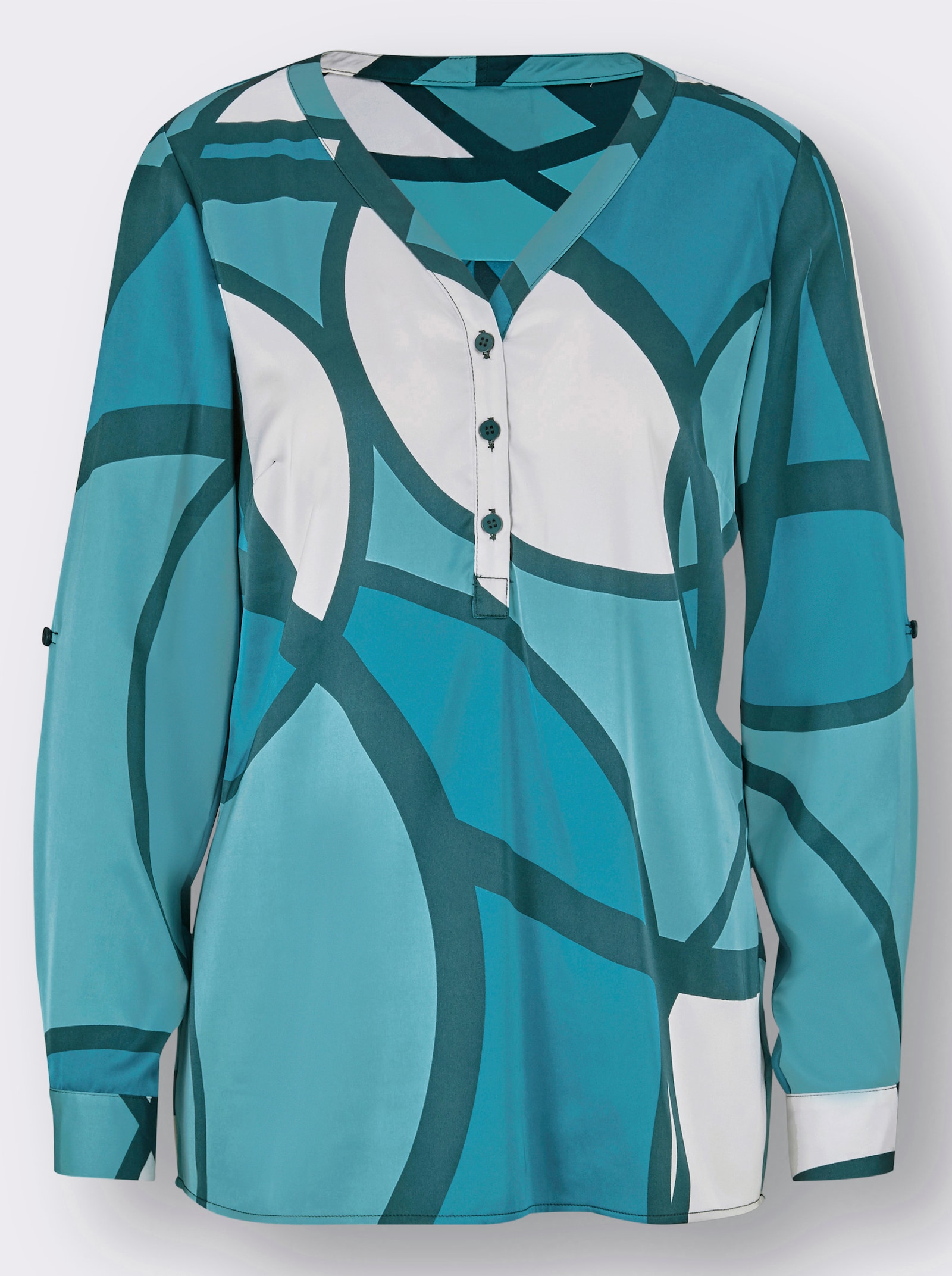 Longbluse in Satin-Qualität, gemustert - ecru-petrol-bedruckt