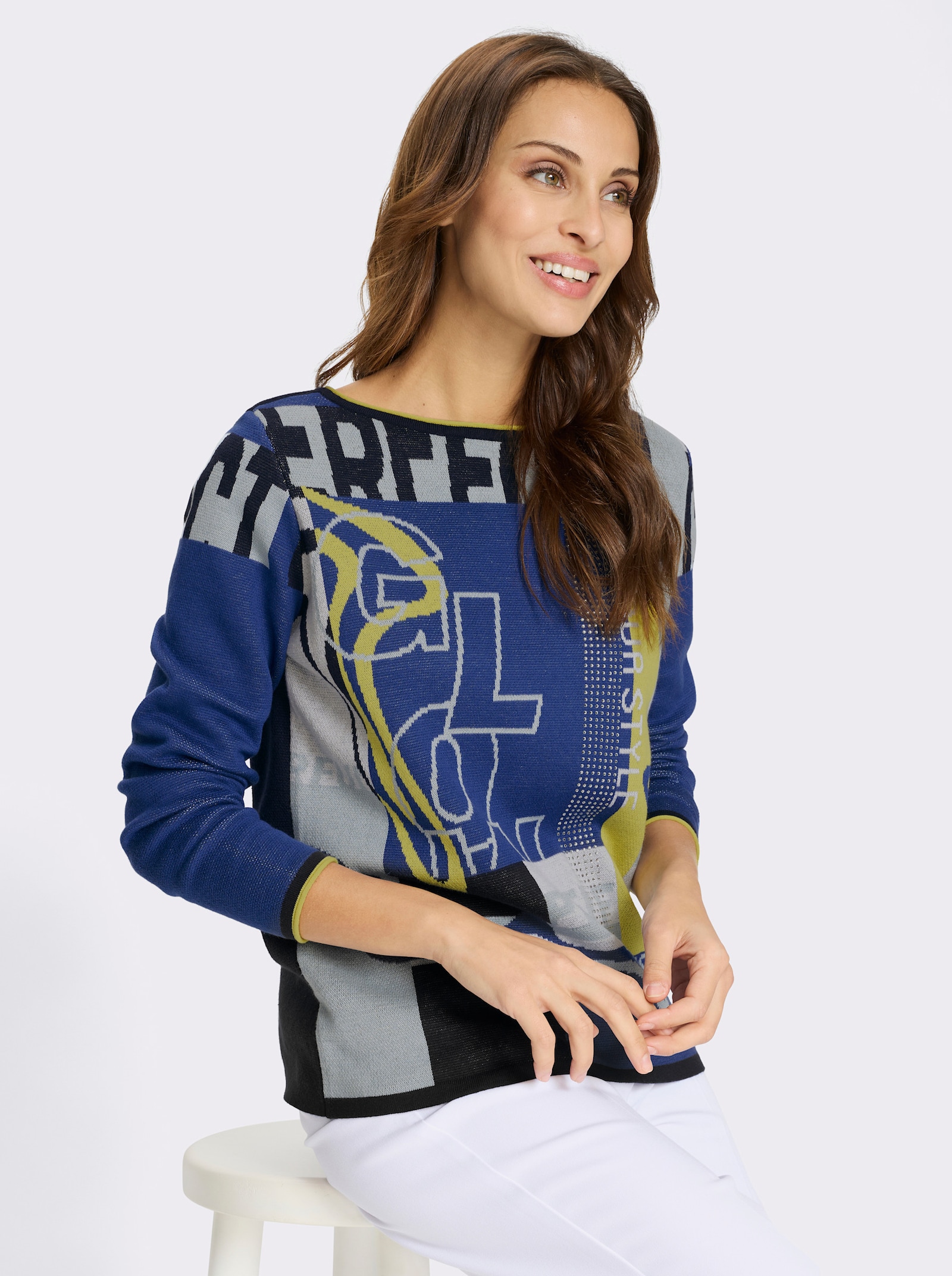 Strickpullover mit Rollkanten - marine-royalblau-gemustert