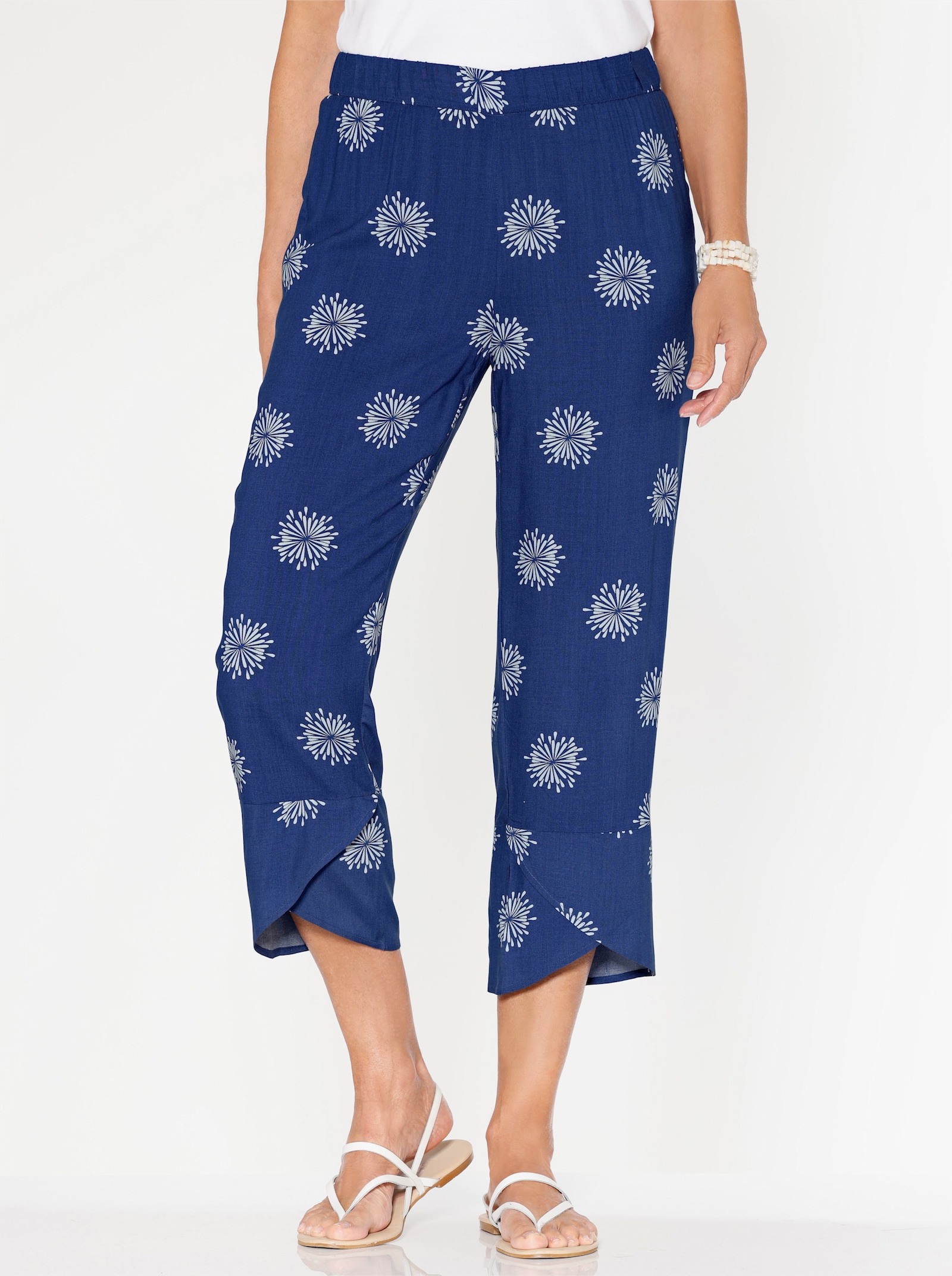 7/8 kalhoty s překříženým dolním lemem - královská modrá-bílá-potisk