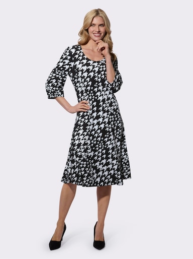 Jerseykleid im Hahnentritt-Muster - schwarz-weiß-bedruckt