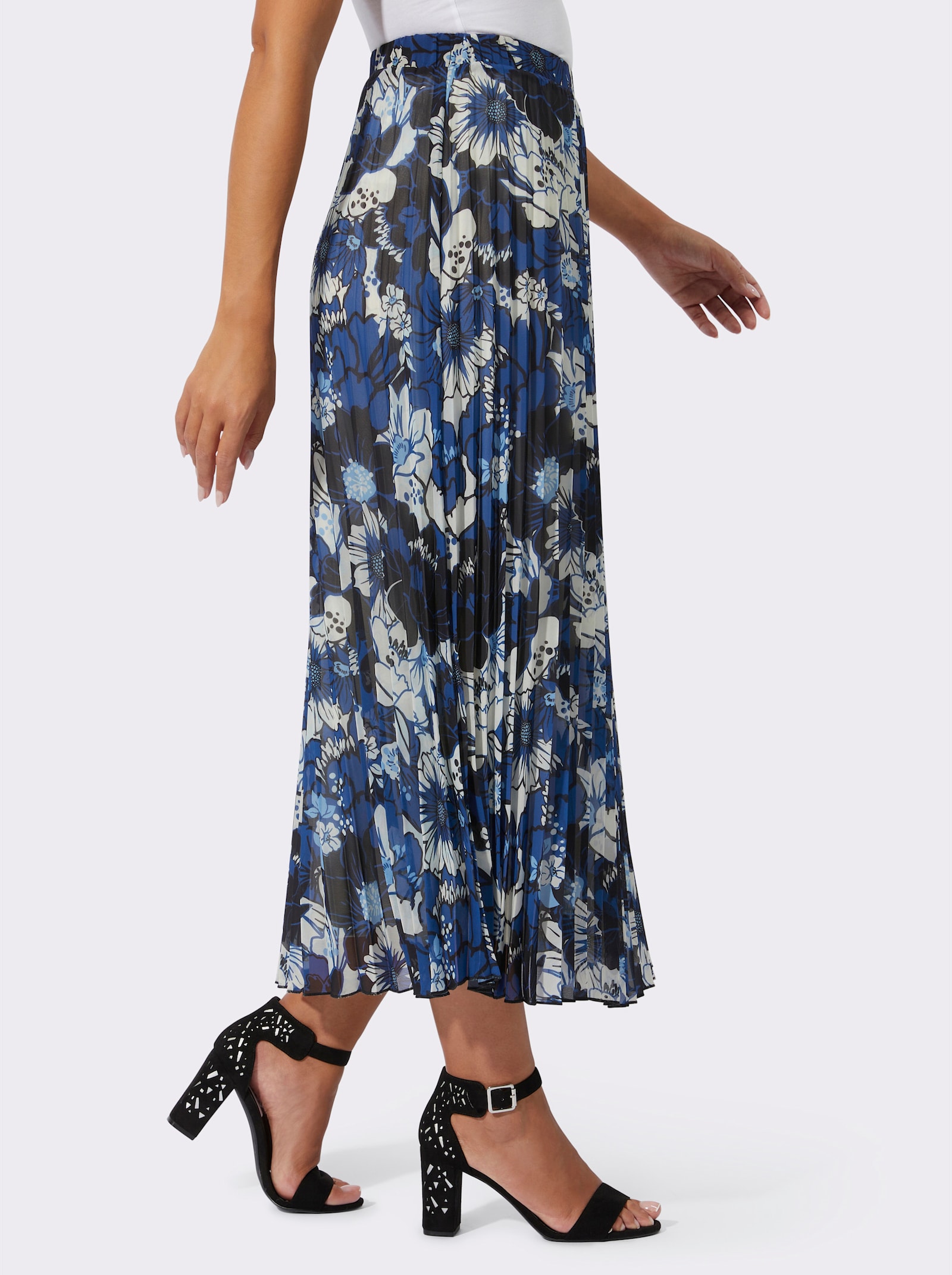 Plisseerock mit blickdichtem Futter - royalblau-schwarz-bedruckt