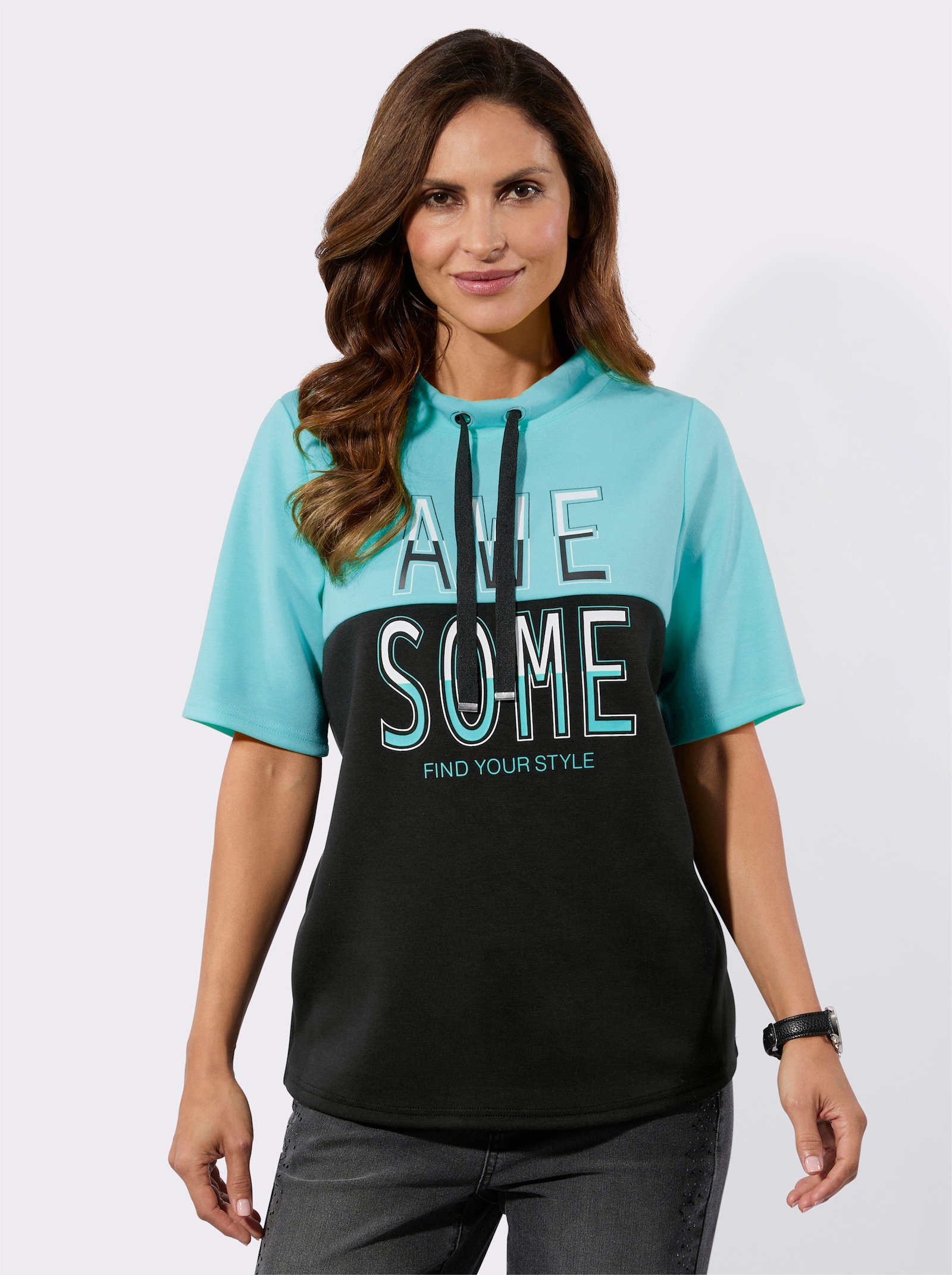 Shirt met opstaande kraag en letterprint - aquamarine/zwart