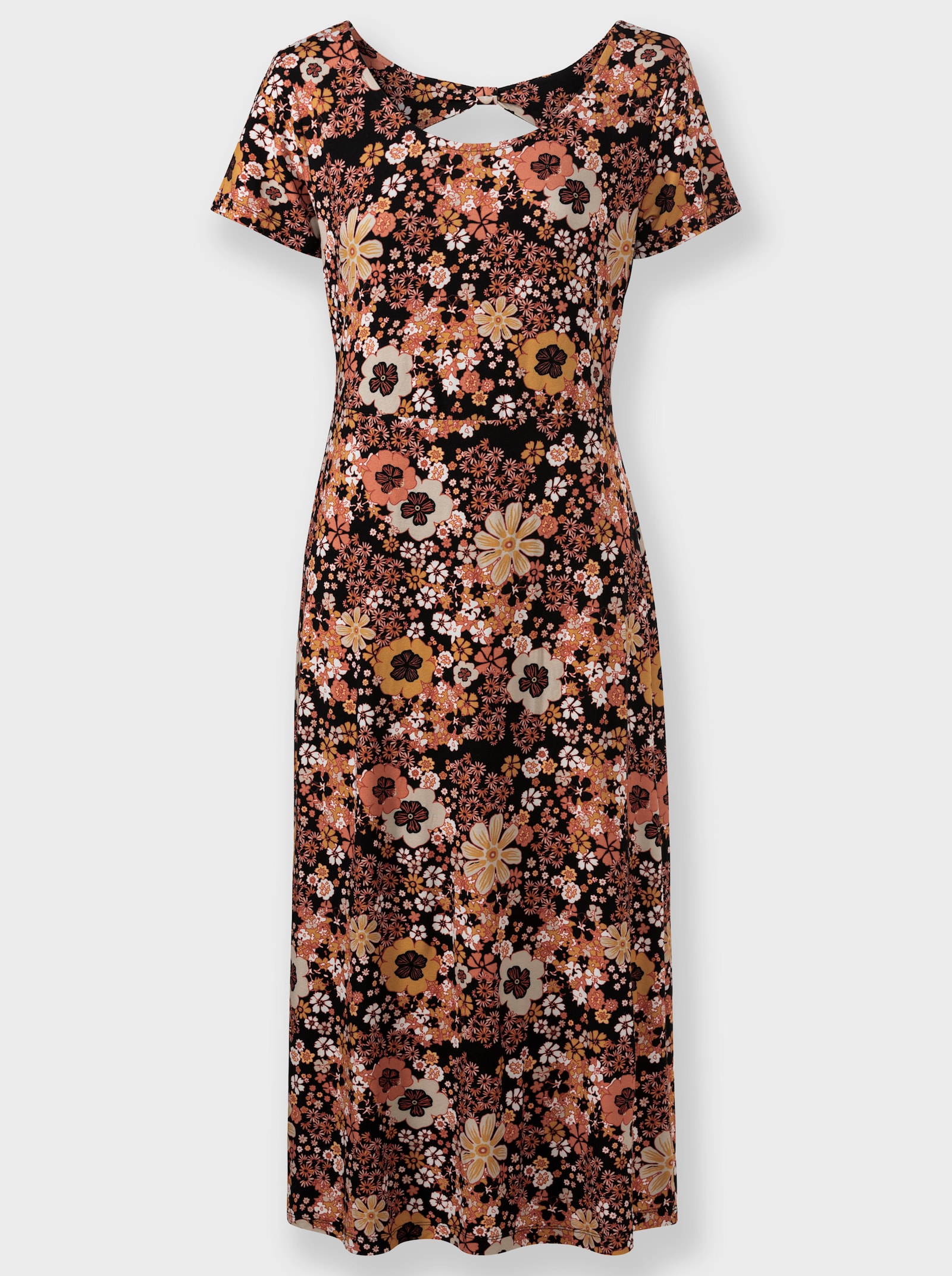 Jerseykleid mit Rückenausschnitt - schwarz-papaya-bedruckt