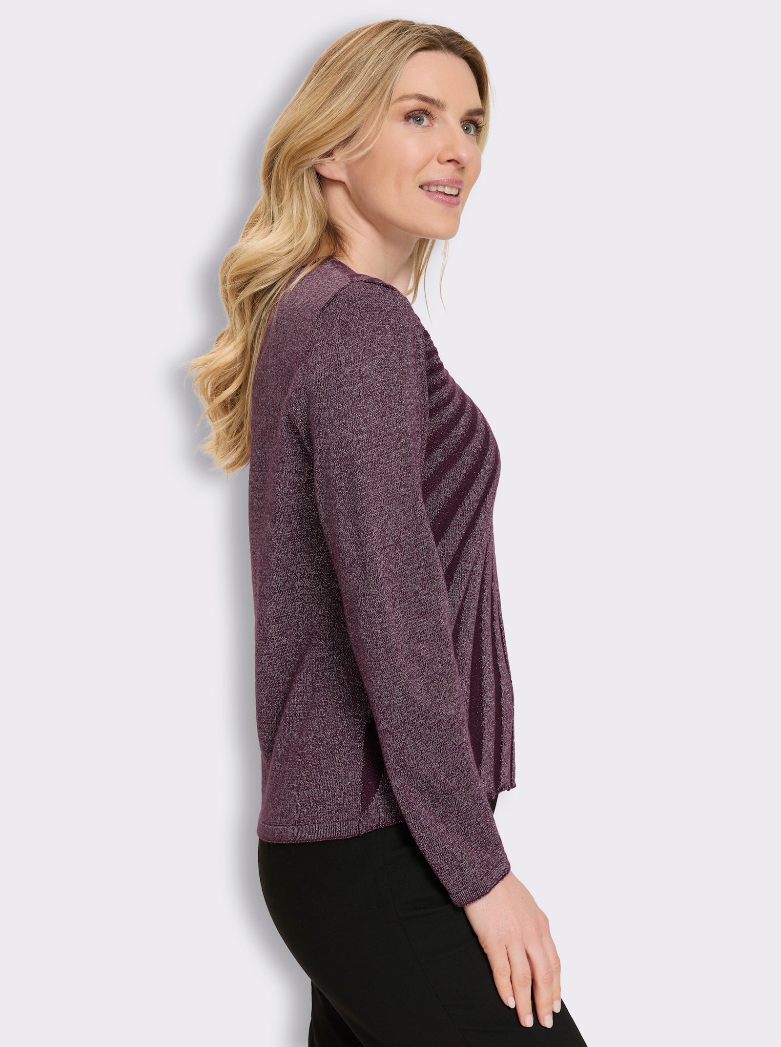 V-Ausschnitt-Pullover mit Glanzgarn - burgund-silberfarben