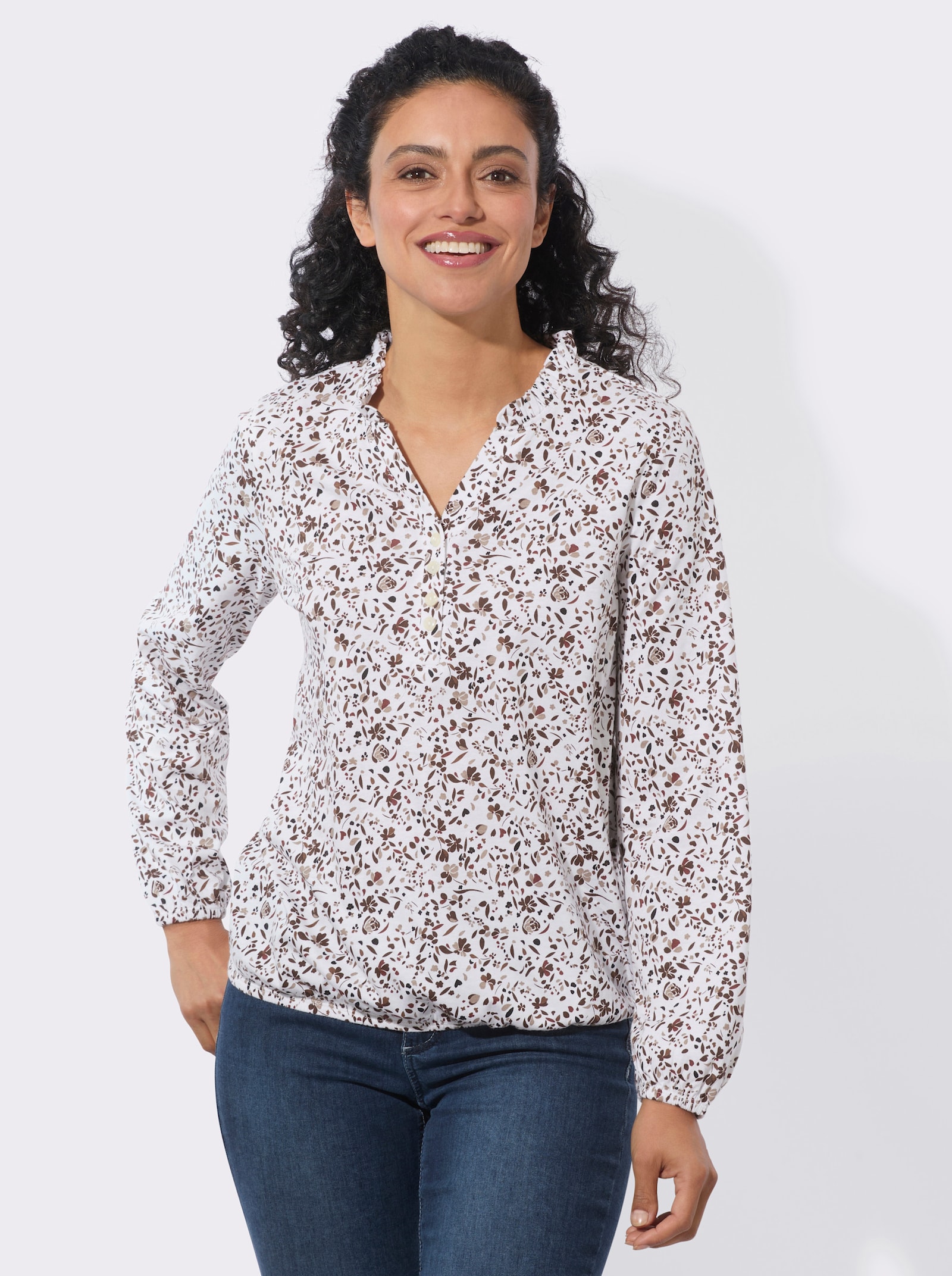 Langarmshirt mit Gummibündchen - ecru-rotbraun-bedruckt