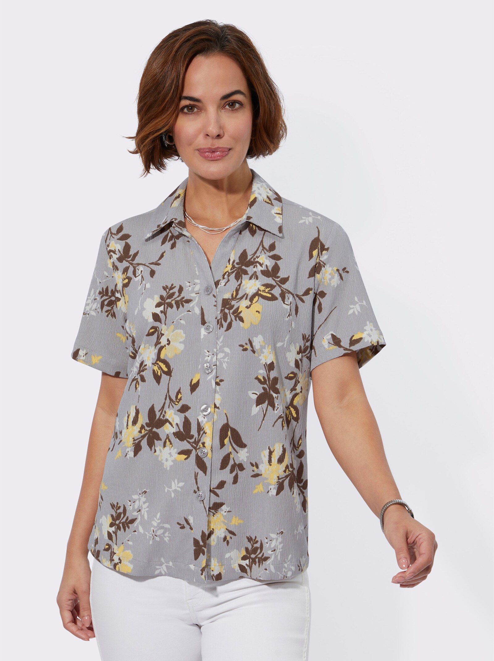 Crêpebluse in Borke-Qualität - steingrau-gelb-bedruckt