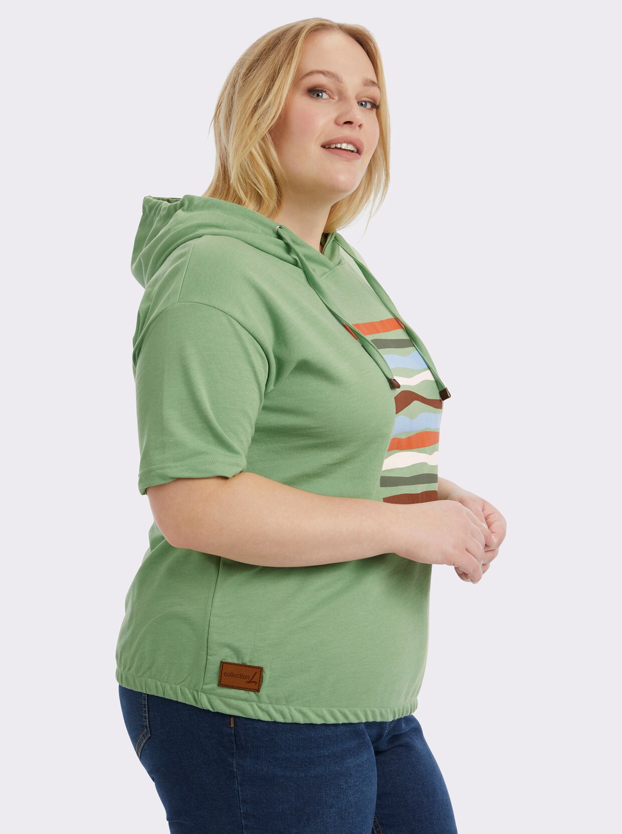 Kapuzensweatshirt mit elastischem Saum - eucalyptus-ecru-bedruckt