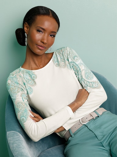 Langarmshirt mit platziertem Paisley-Druck - ecru-salbei-bedruckt