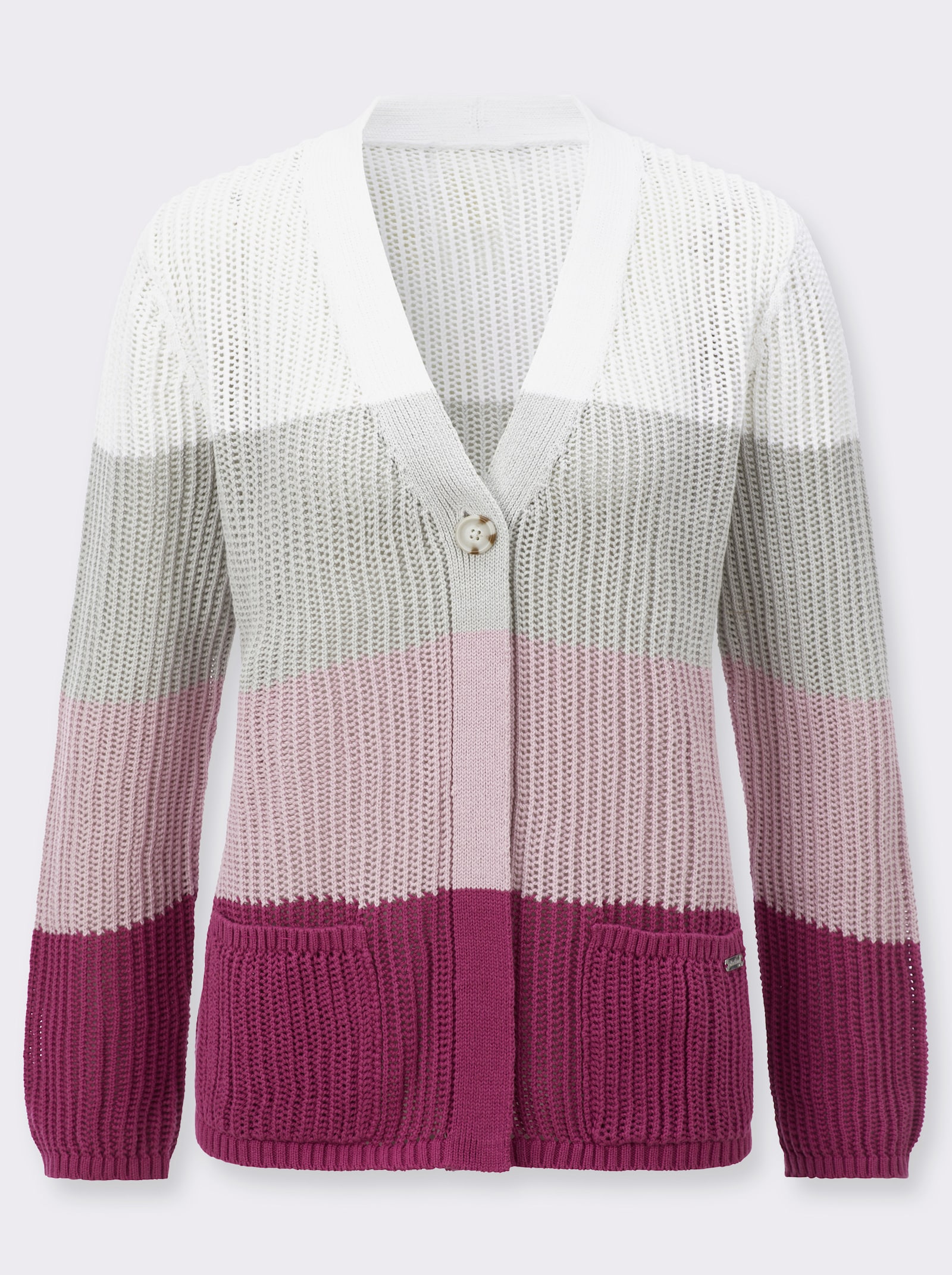 Ajourstrickjacke mit V-Ausschnitt - erika-ecru-geringelt