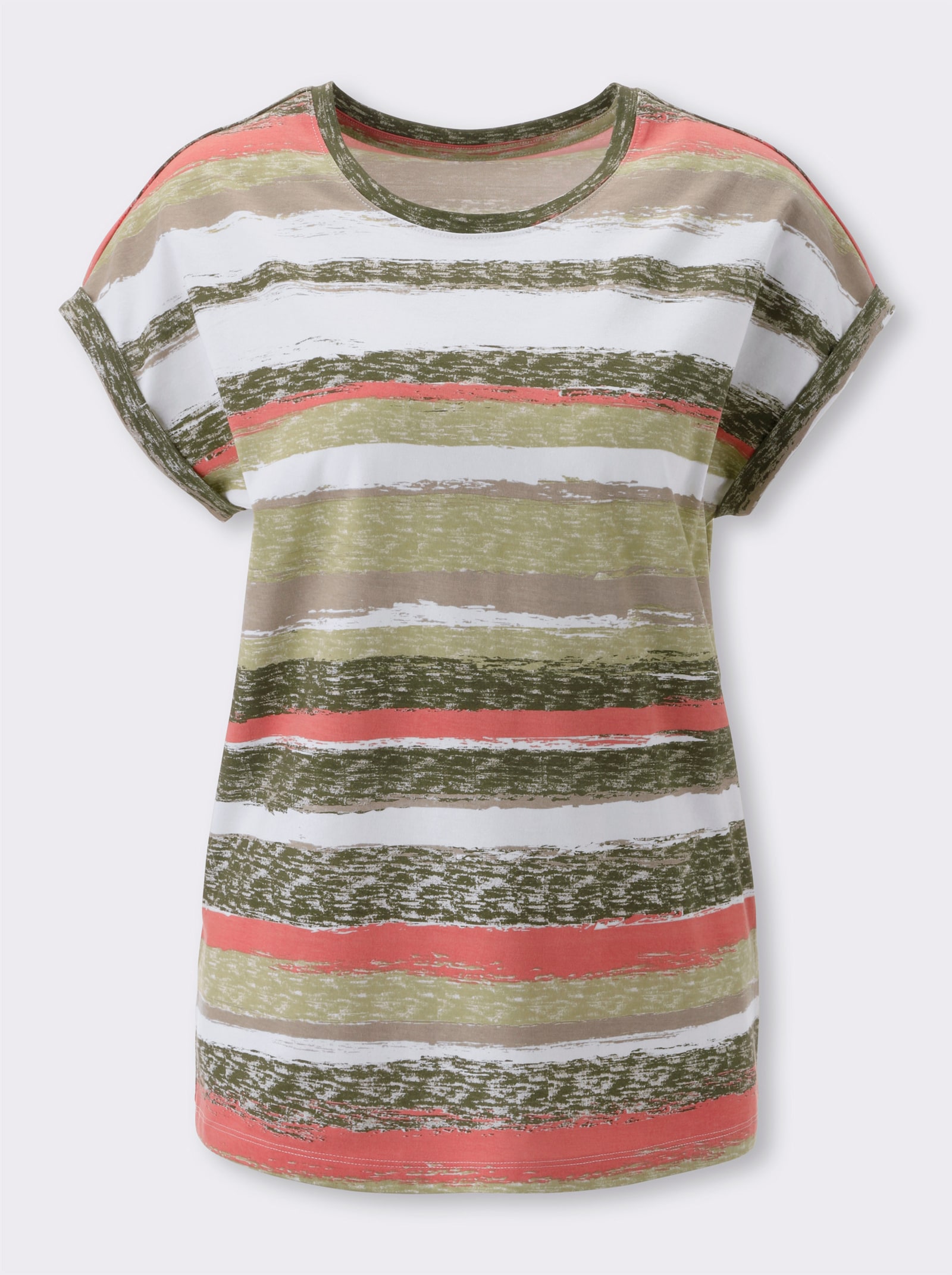 T-Shirt aus Baumwolle, gestreift - oliv-koralle-geringelt
