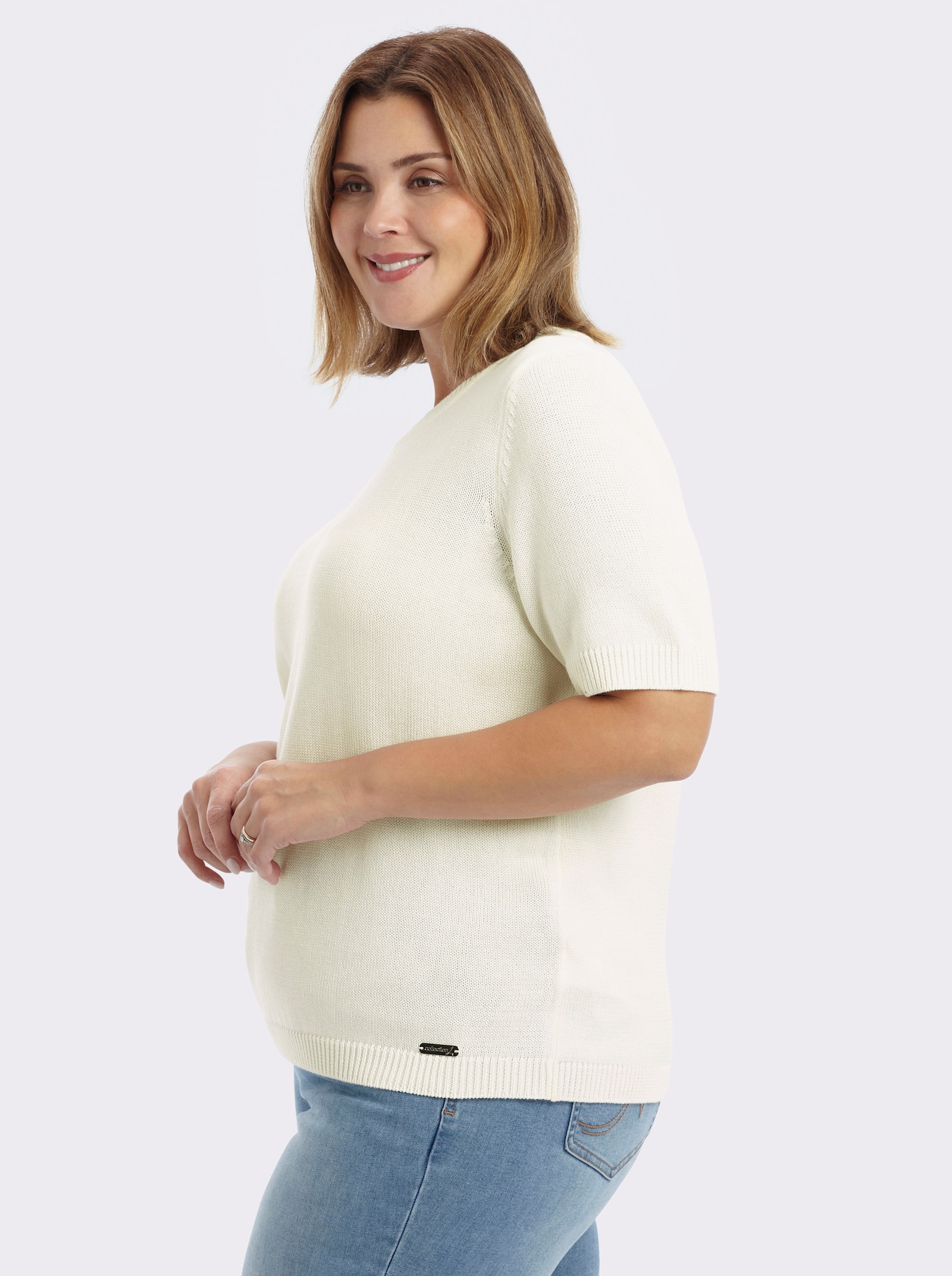 Kurzarmpullover mit Rippabschlüssen - wollweiß