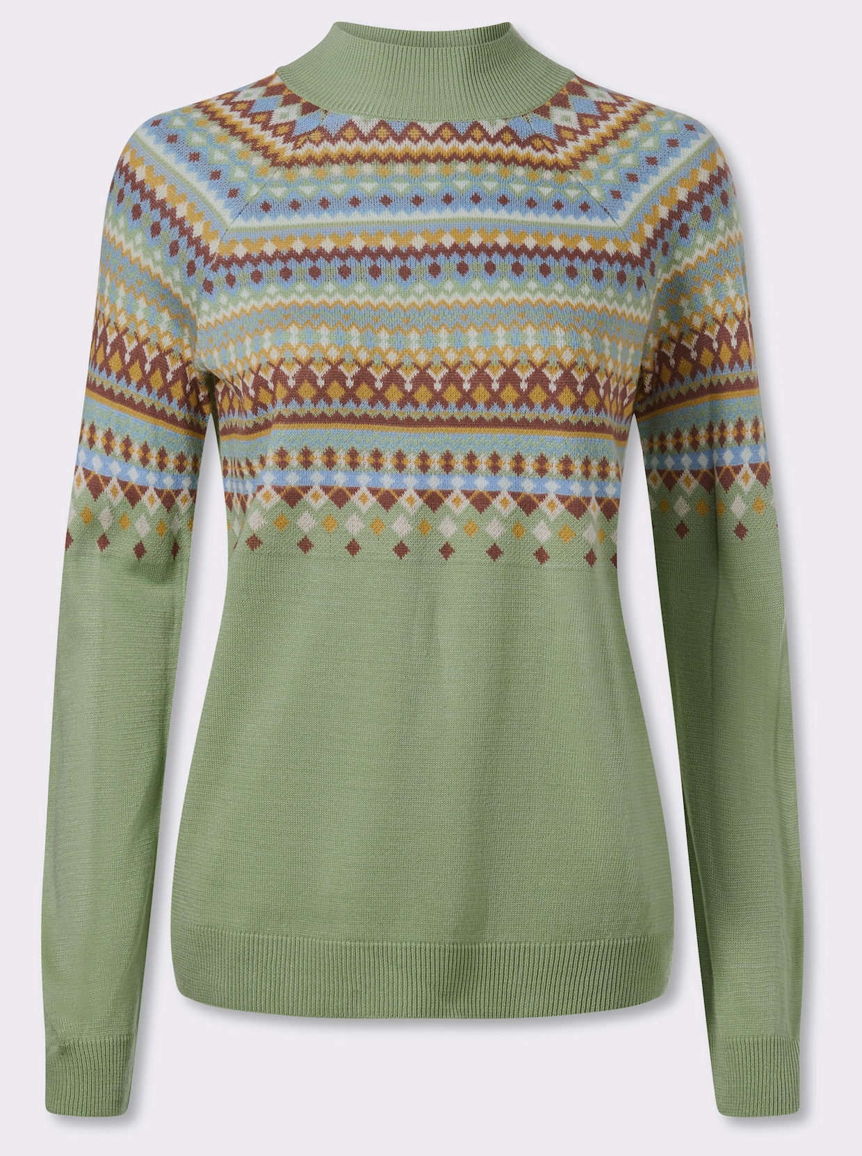 Norwegerpullover mit Raglan-Ärmeln - eucalyptus-ocker-gemustert