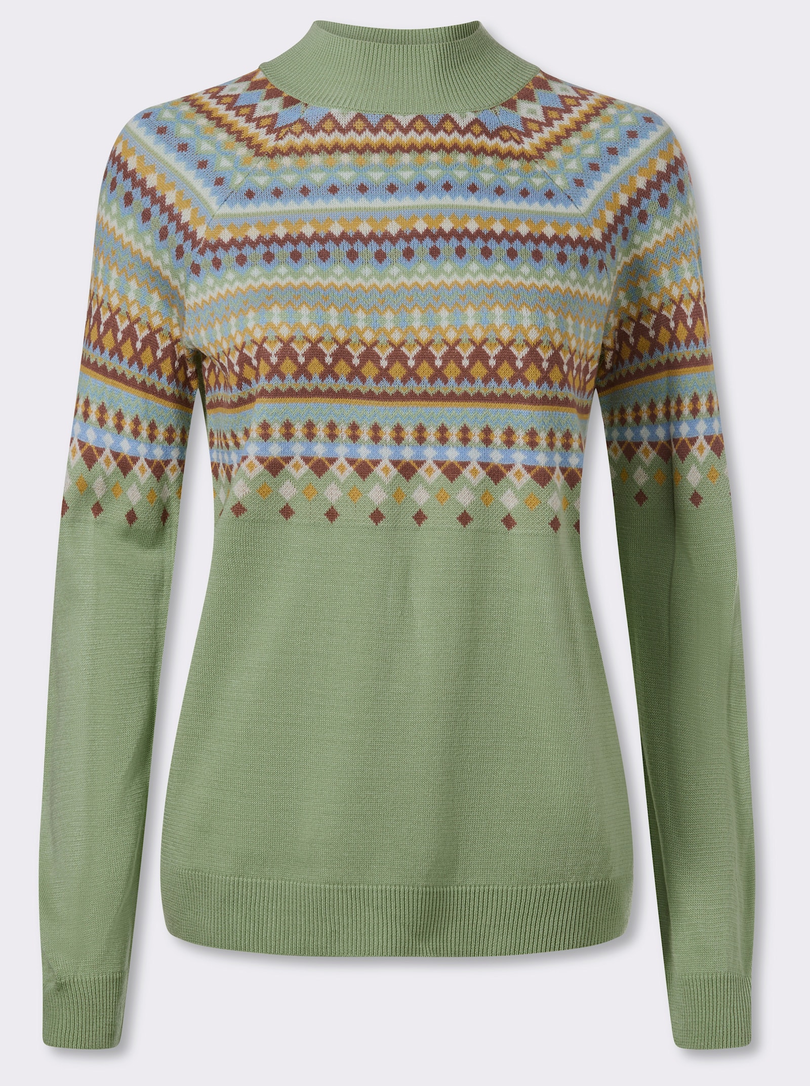 Norwegerpullover mit Raglan-Ärmeln - eucalyptus-ocker-gemustert