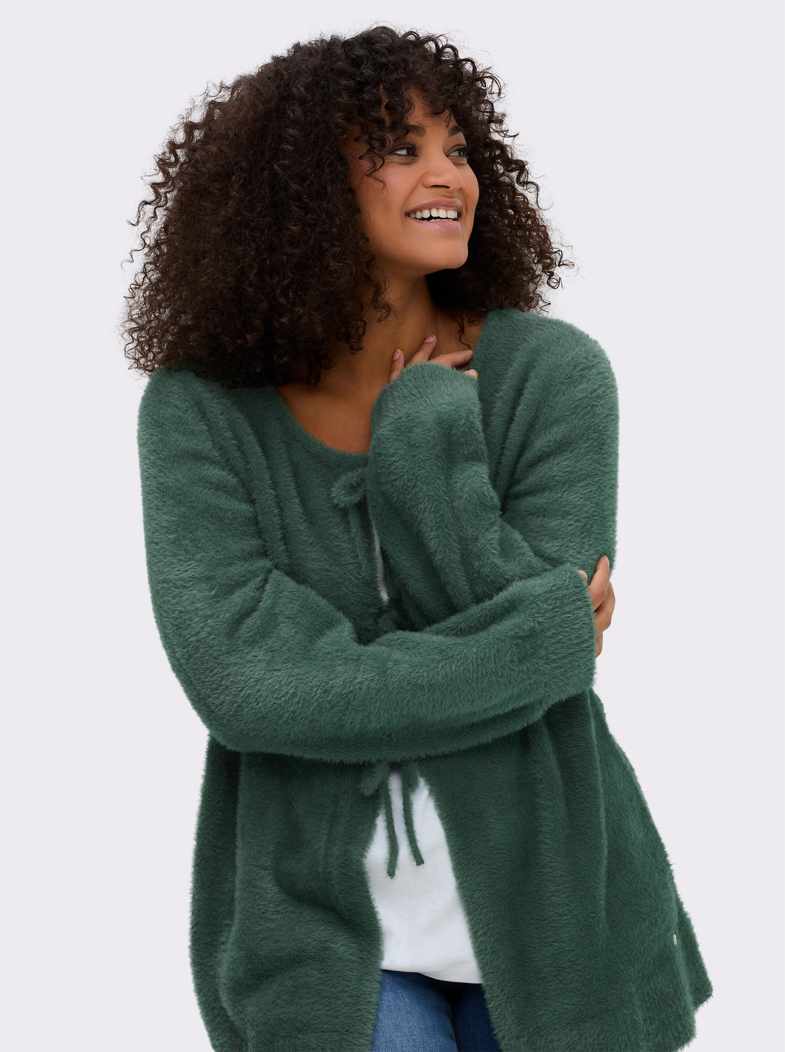 sheego Strickjacke mit Bindebändern und Ballonärmeln - moos