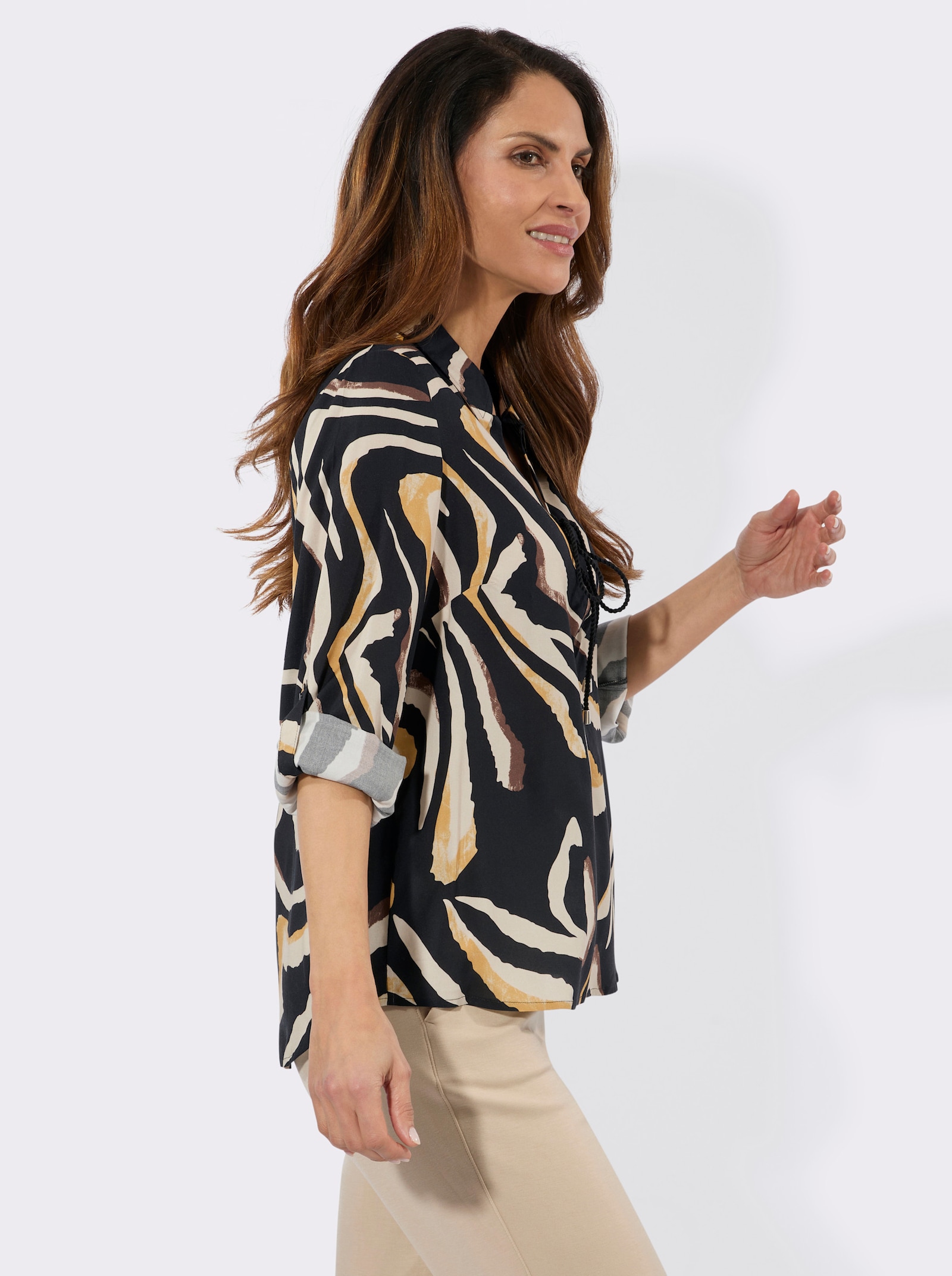 Langarm-Bluse im Tiger-Dessin - schwarz-schoko-bedruckt