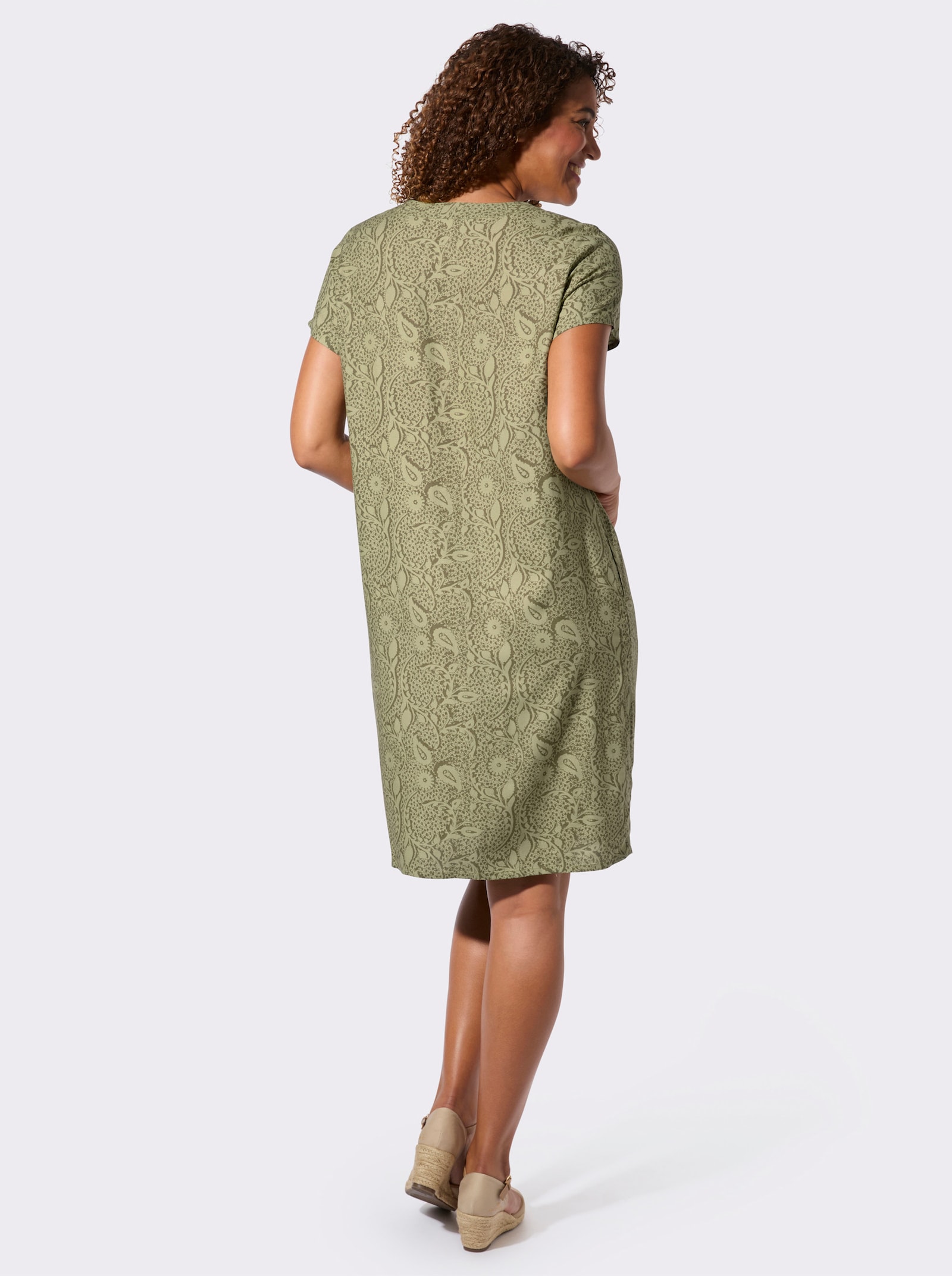Webkleid in A-Form - schilf-khaki-bedruckt