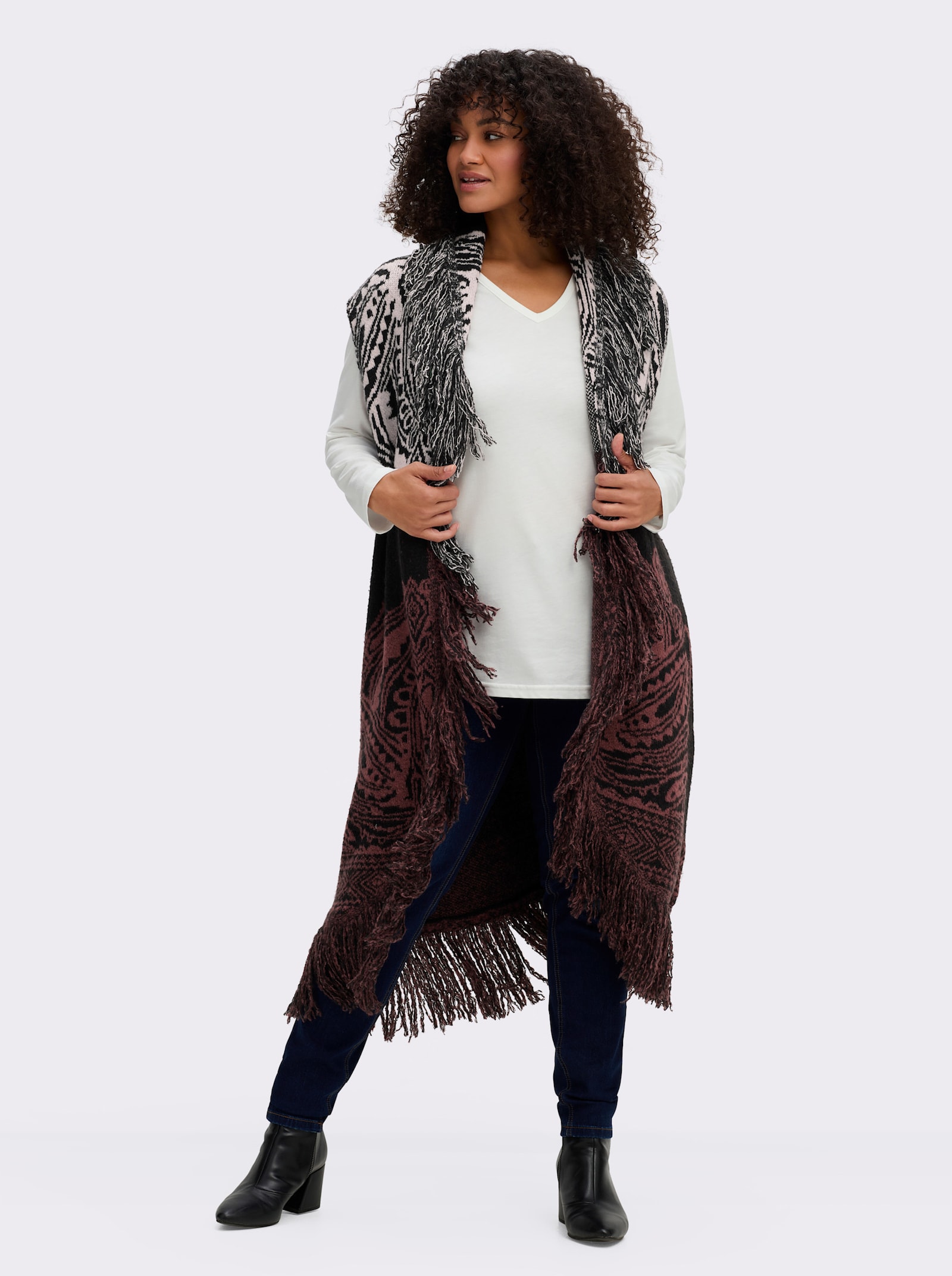 sheego by Joe Browns Fransenweste im extralangen Schnitt - schwarz-rotbraun-gemustert