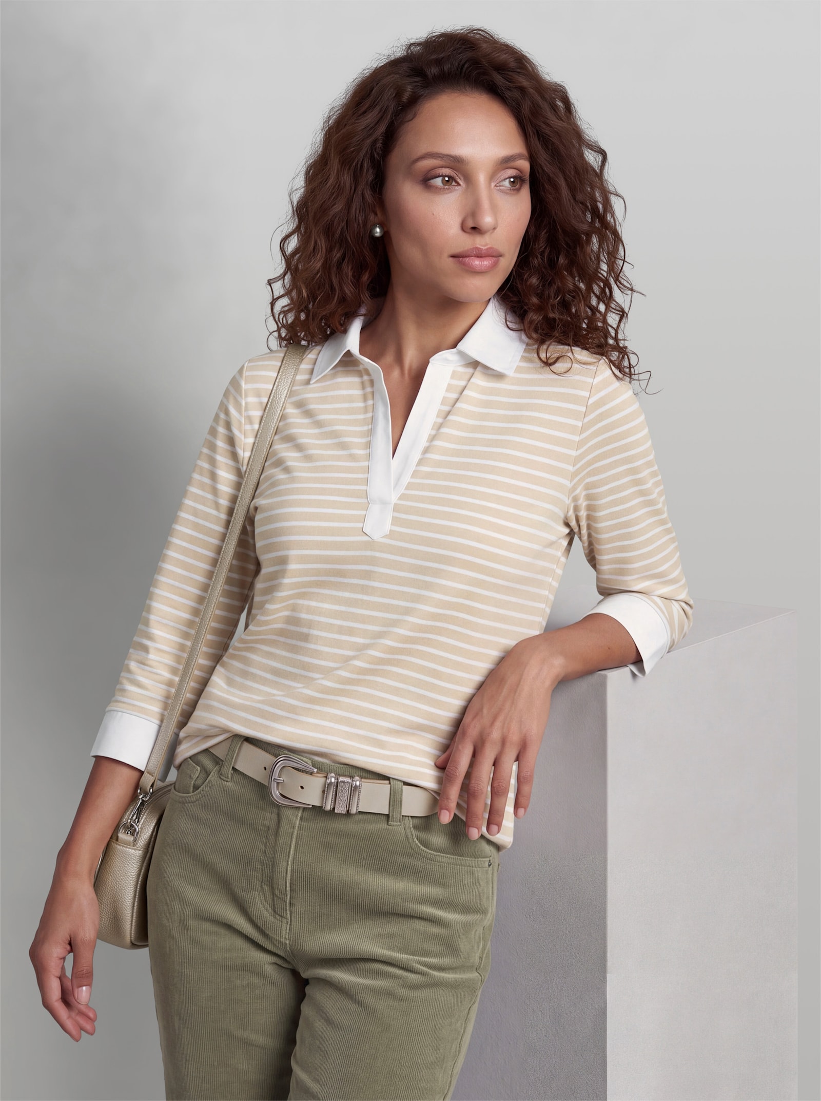 heine Poloshirt in 2-in-1-Optik - sand-weiß-geringelt