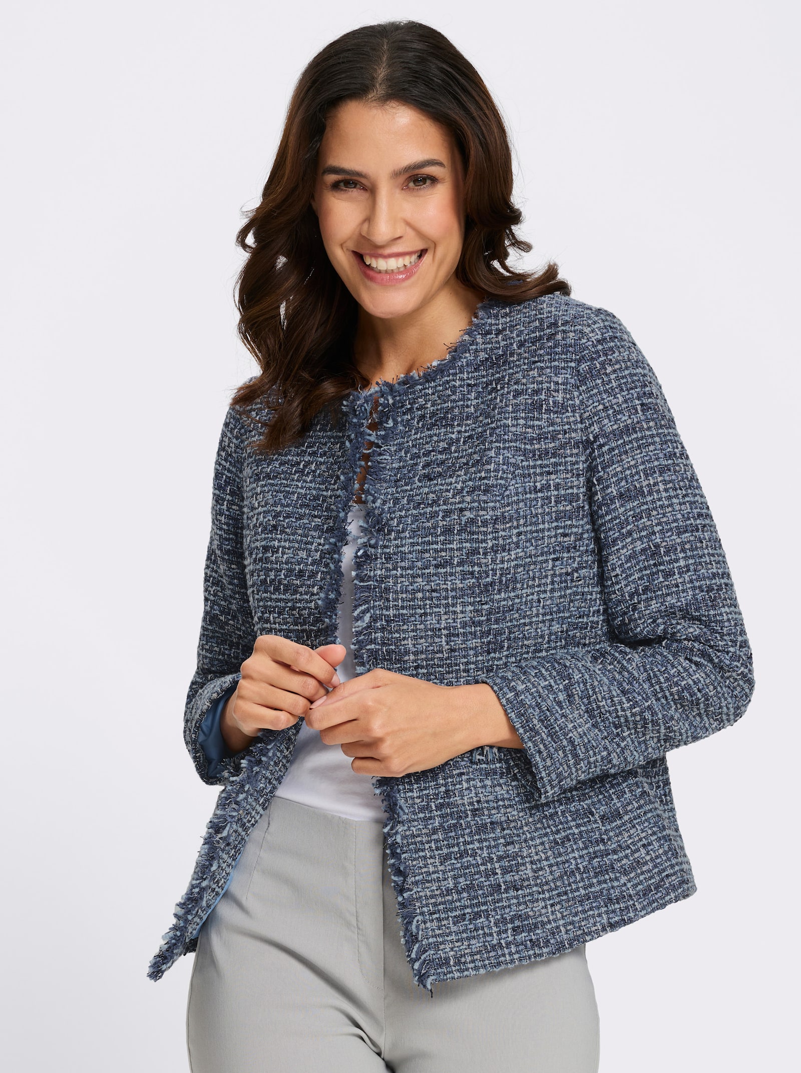 Bouclé-Blazer mit Fransenkante - marine-eisblau-meliert