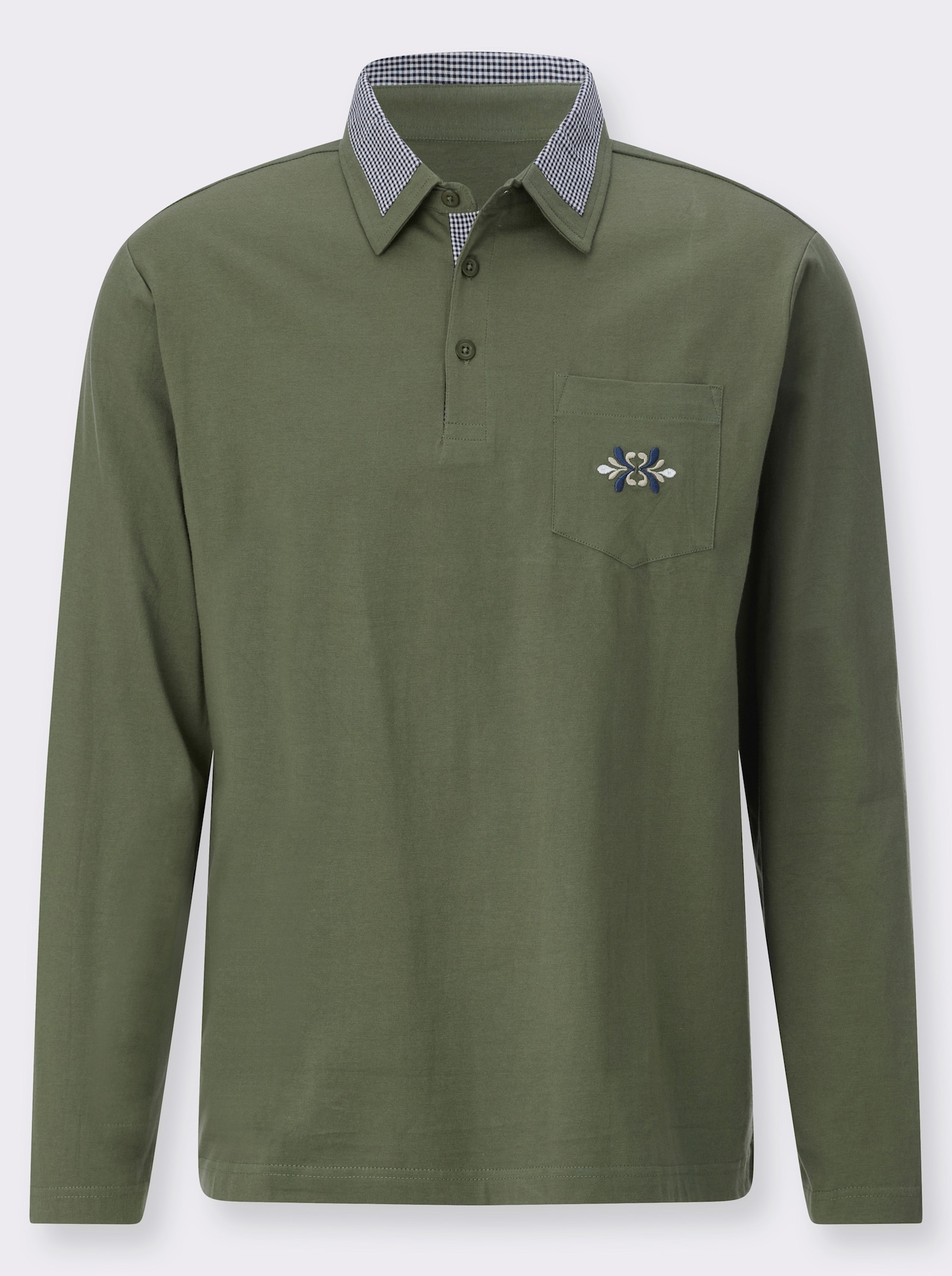 Langarm-Poloshirt mit Webkaro-Details - khaki