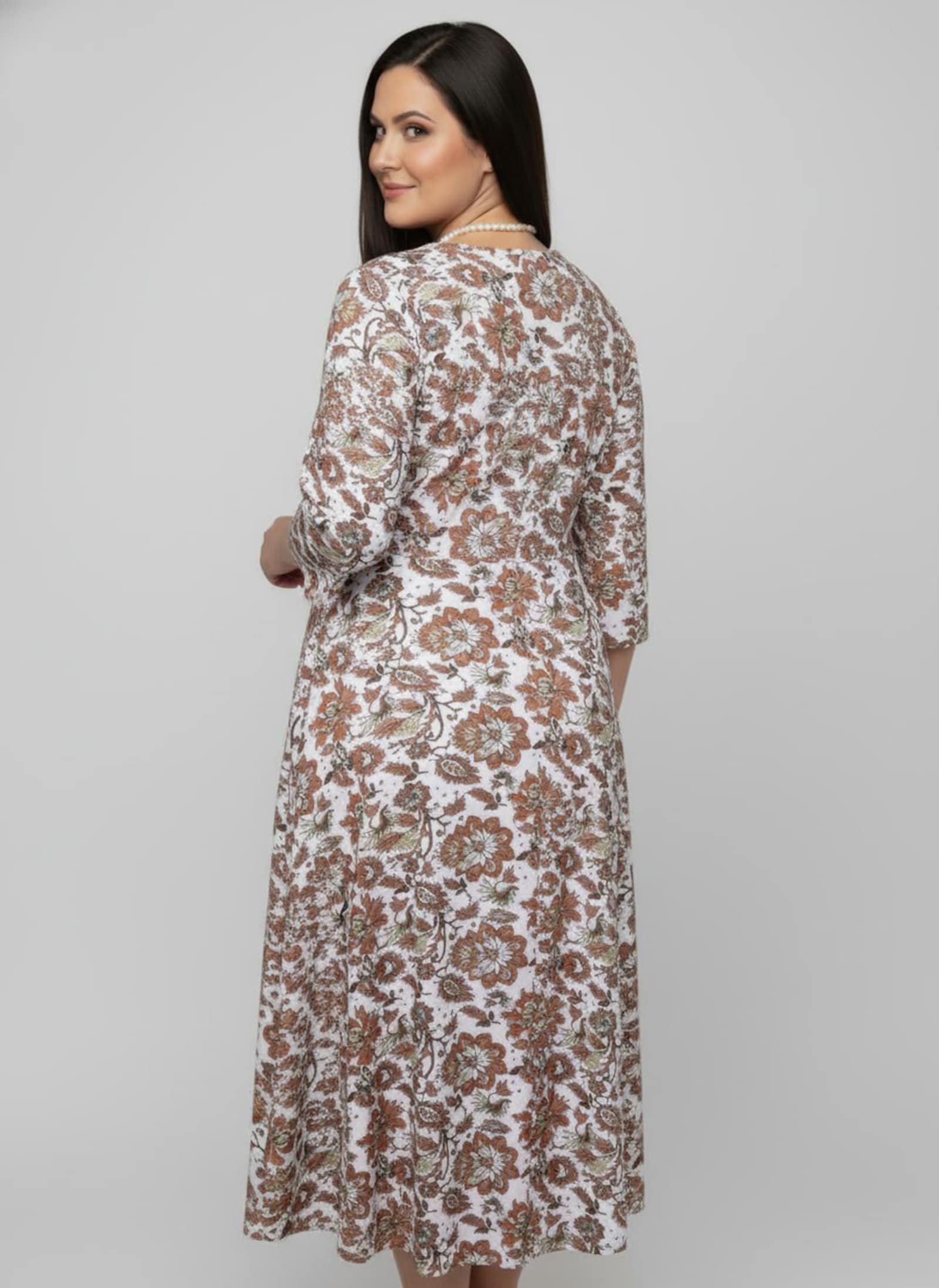 Druckkleid in Maxi-Länge - weiß-papaya-gemustert