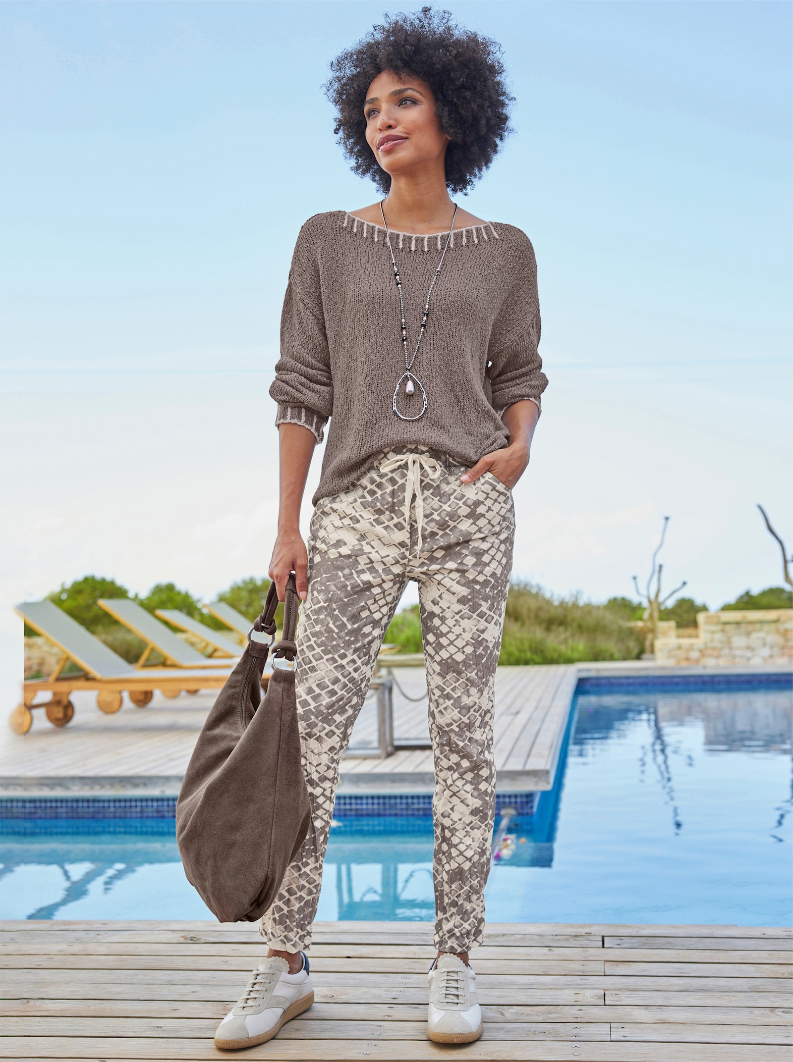 heine Druckhose in schmaler Beinform - champagner-taupe-bedruckt