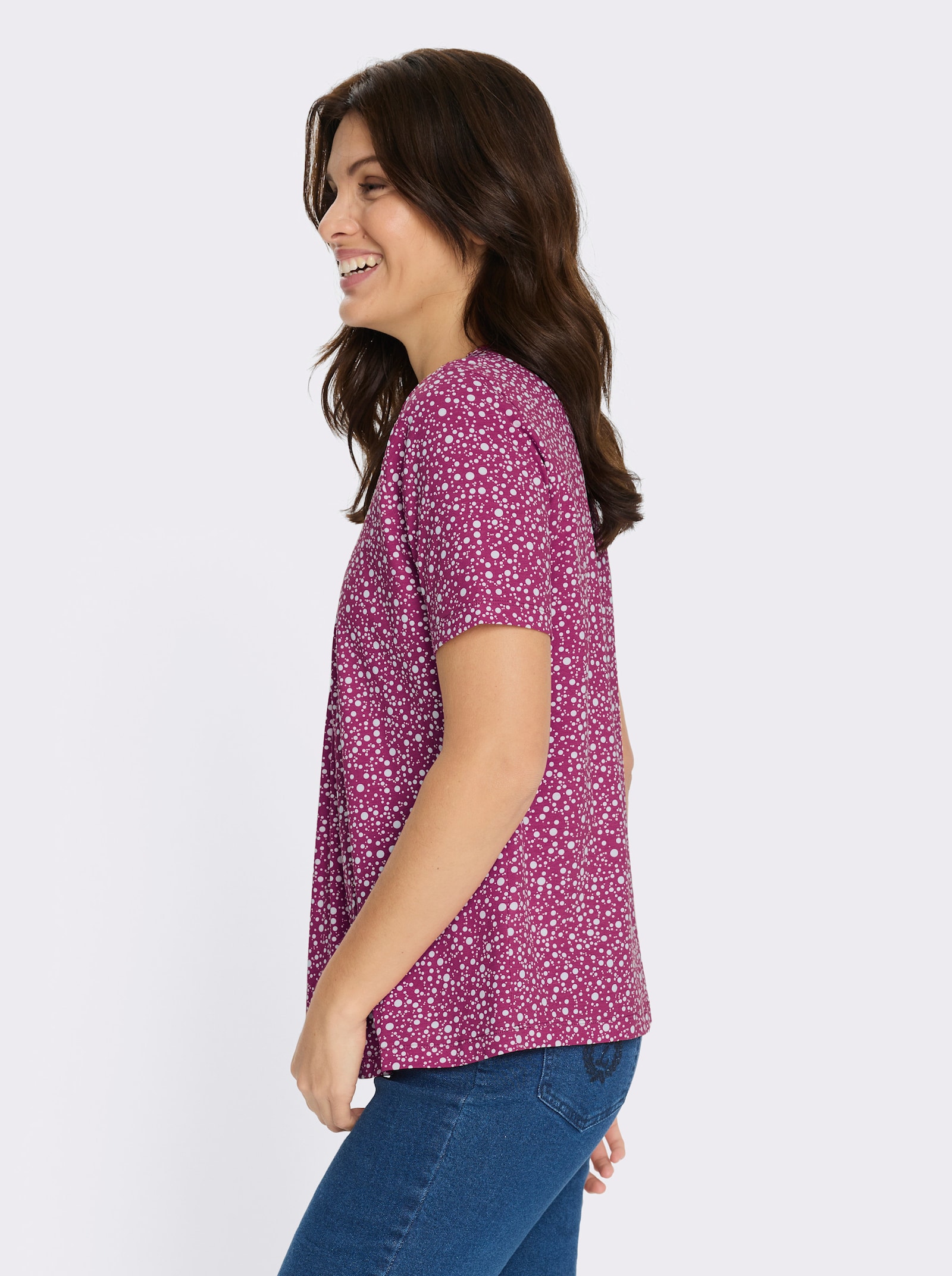 Kurzarmshirt im Punktedessin - magenta-weiß-bedruckt