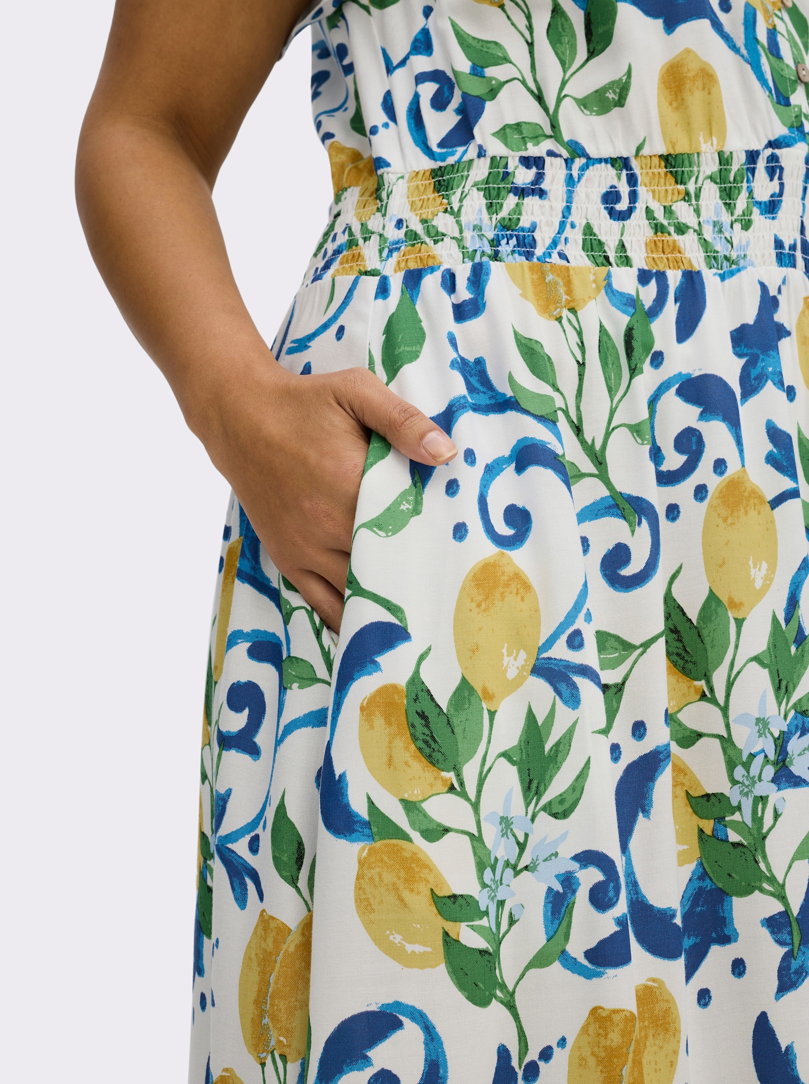 sheego by Joe Browns Maxikleid mit breitem Smokbund - weiss-sonnengelb-gemustert