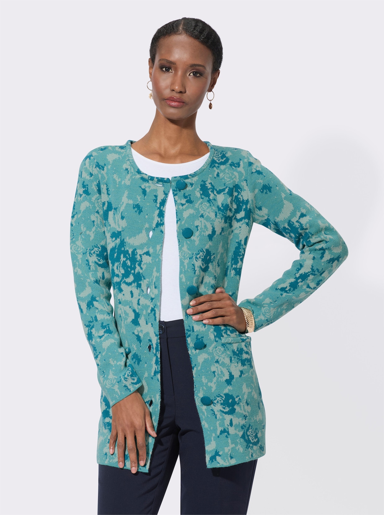 Longstrickjacke - mint-aquapetrol-gemustert
