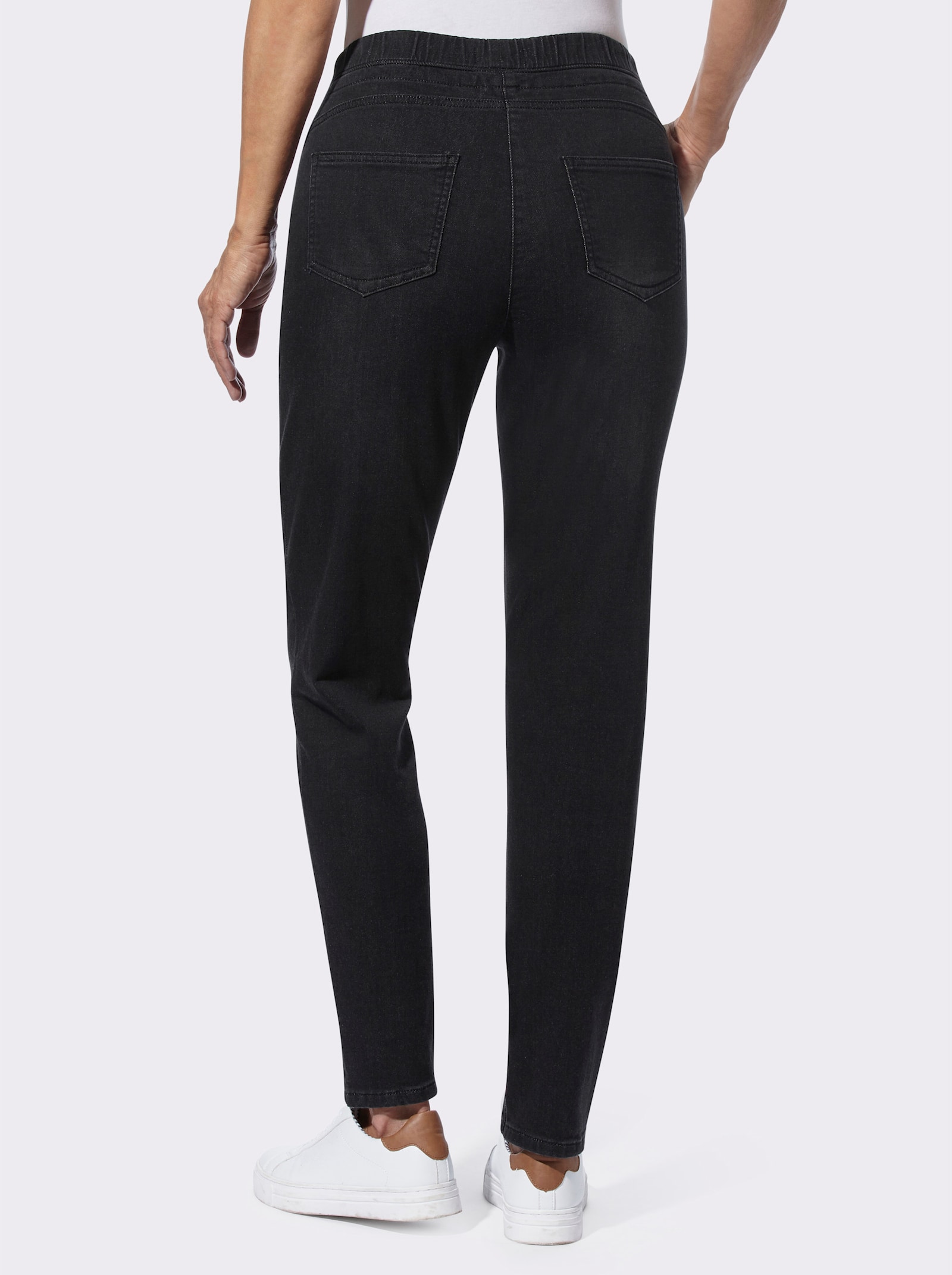 Schlupfjeans mit Tunnelzug und Bindeband - black-denim