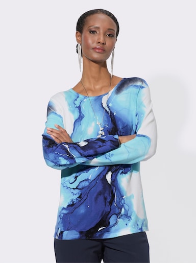 Feinstrickpullover - ecru-royalblau-bedruckt