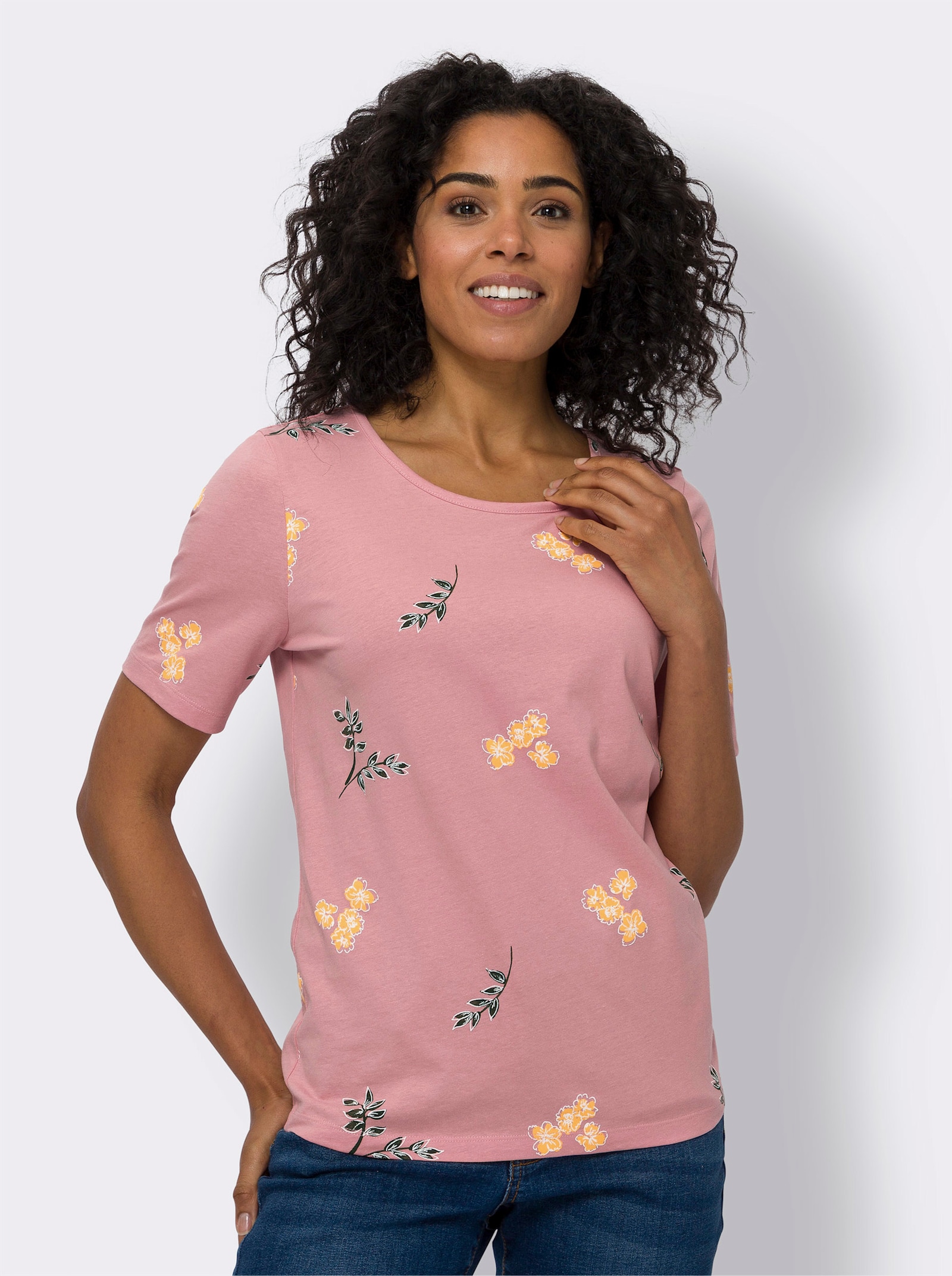 Tričko, krátke rukávy, potlač kvety-listy - Ruženínovo-biela potlač