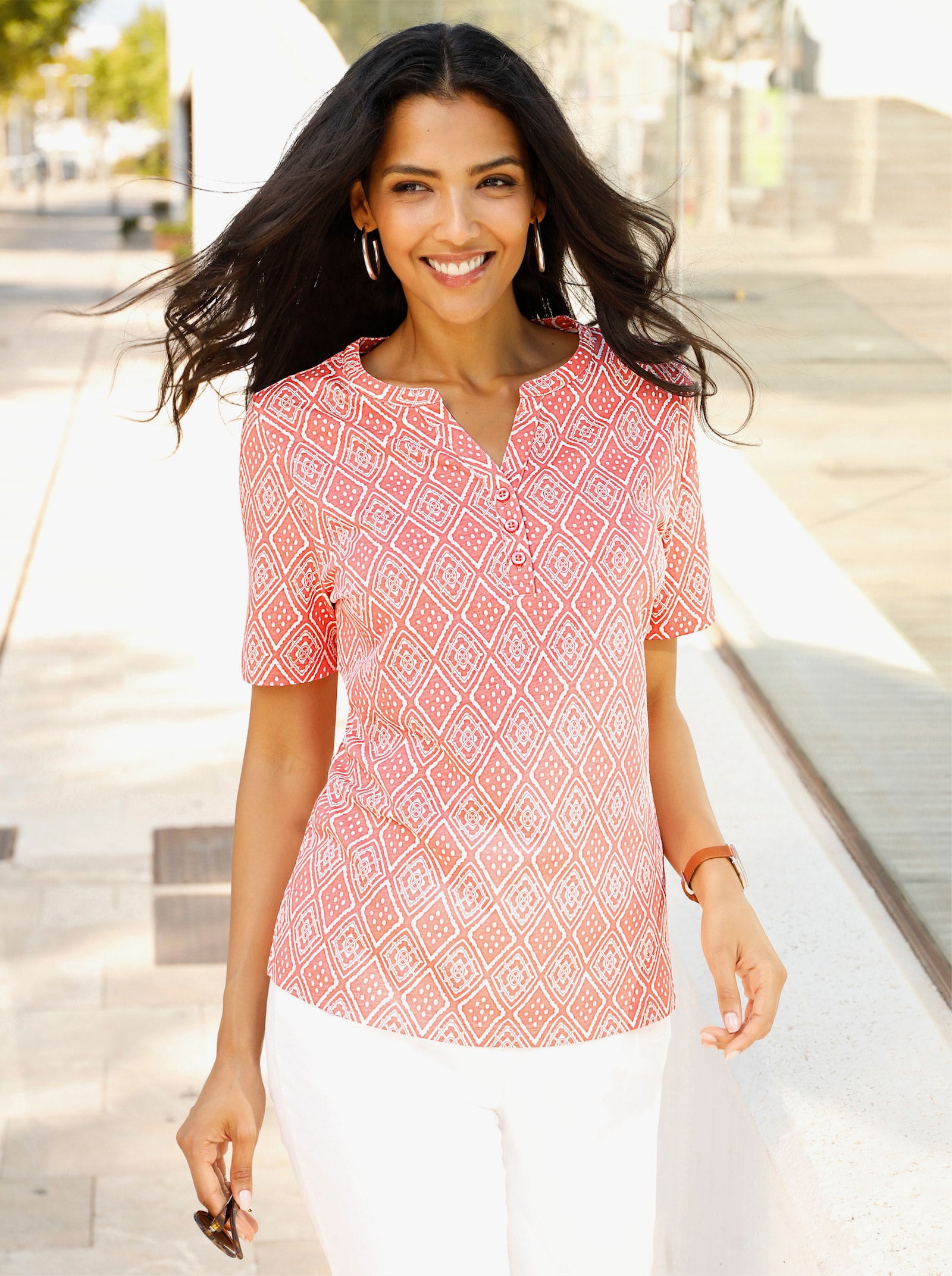 Kurzarmshirt mit Ethno-Druck - flamingo-ecru-bedruckt