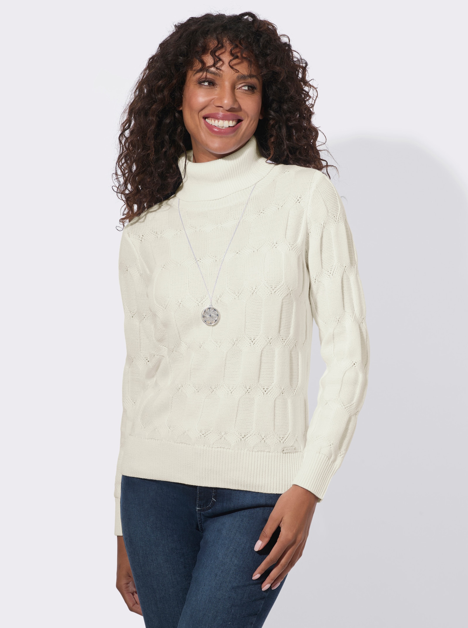  Rollkragenpullover mit Strickmuster - ecru