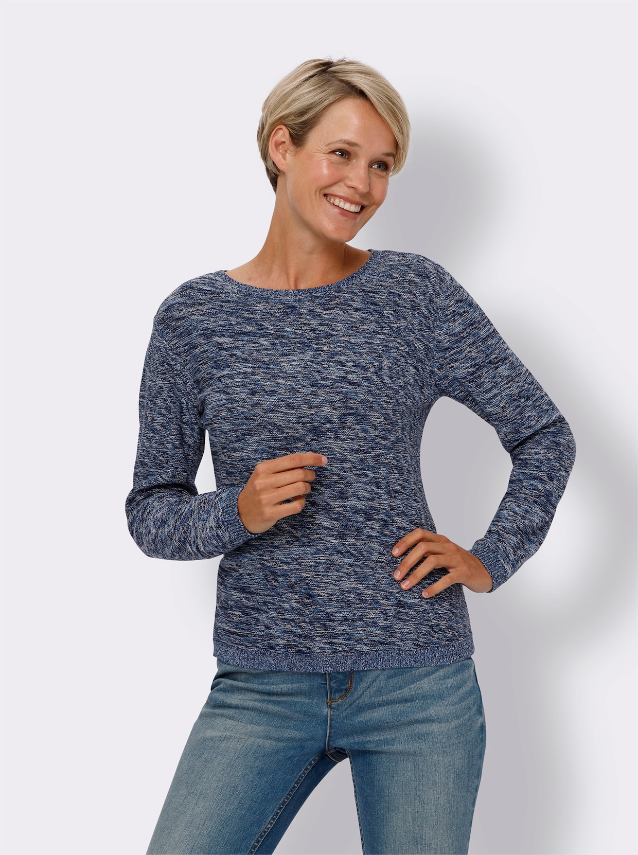 Pullover met ronde hals - marine/ecru gemêleerd
