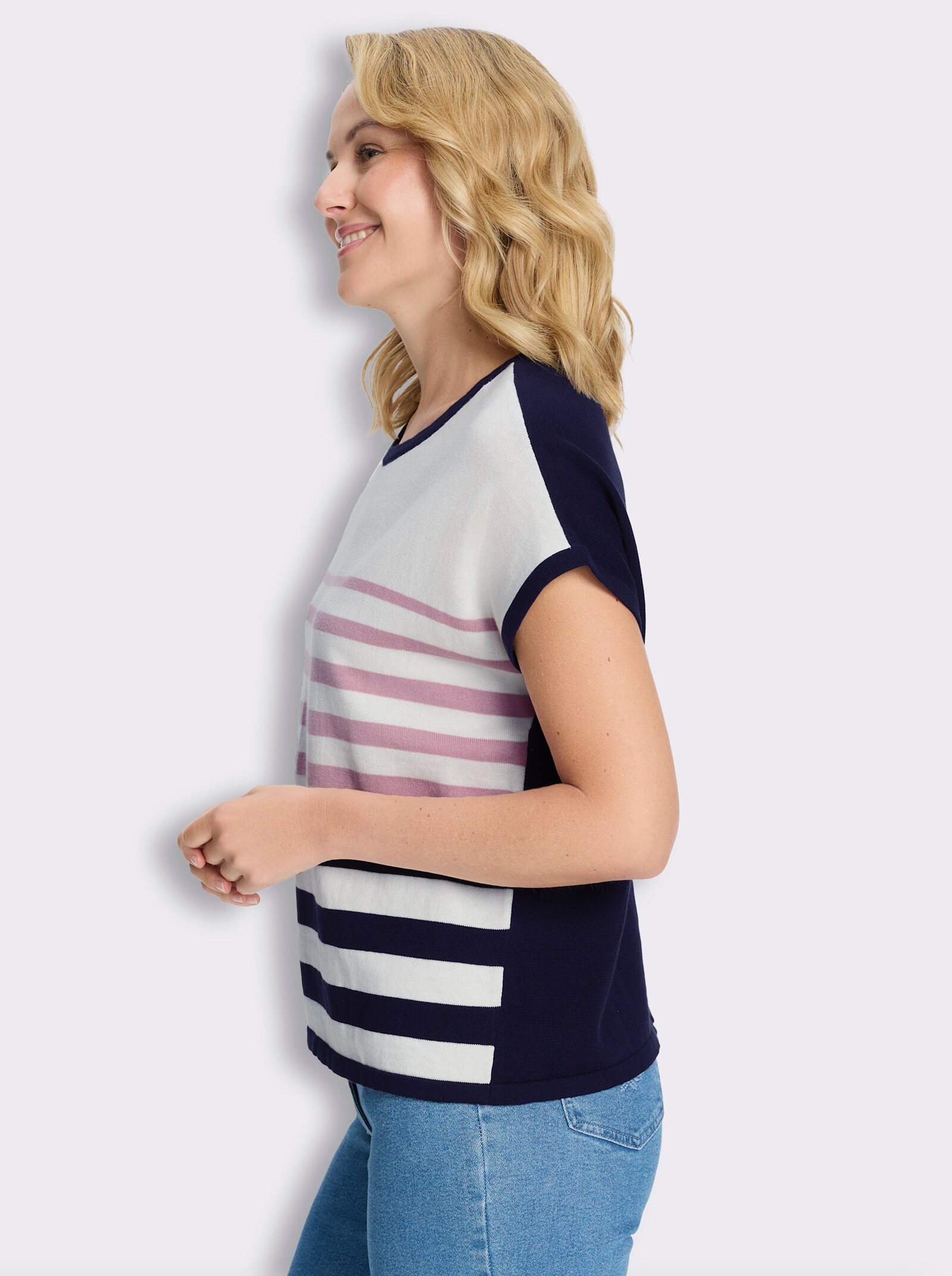 Kurzarmpullover aus reiner Baumwolle, gestreift - rosé-marine-geringelt