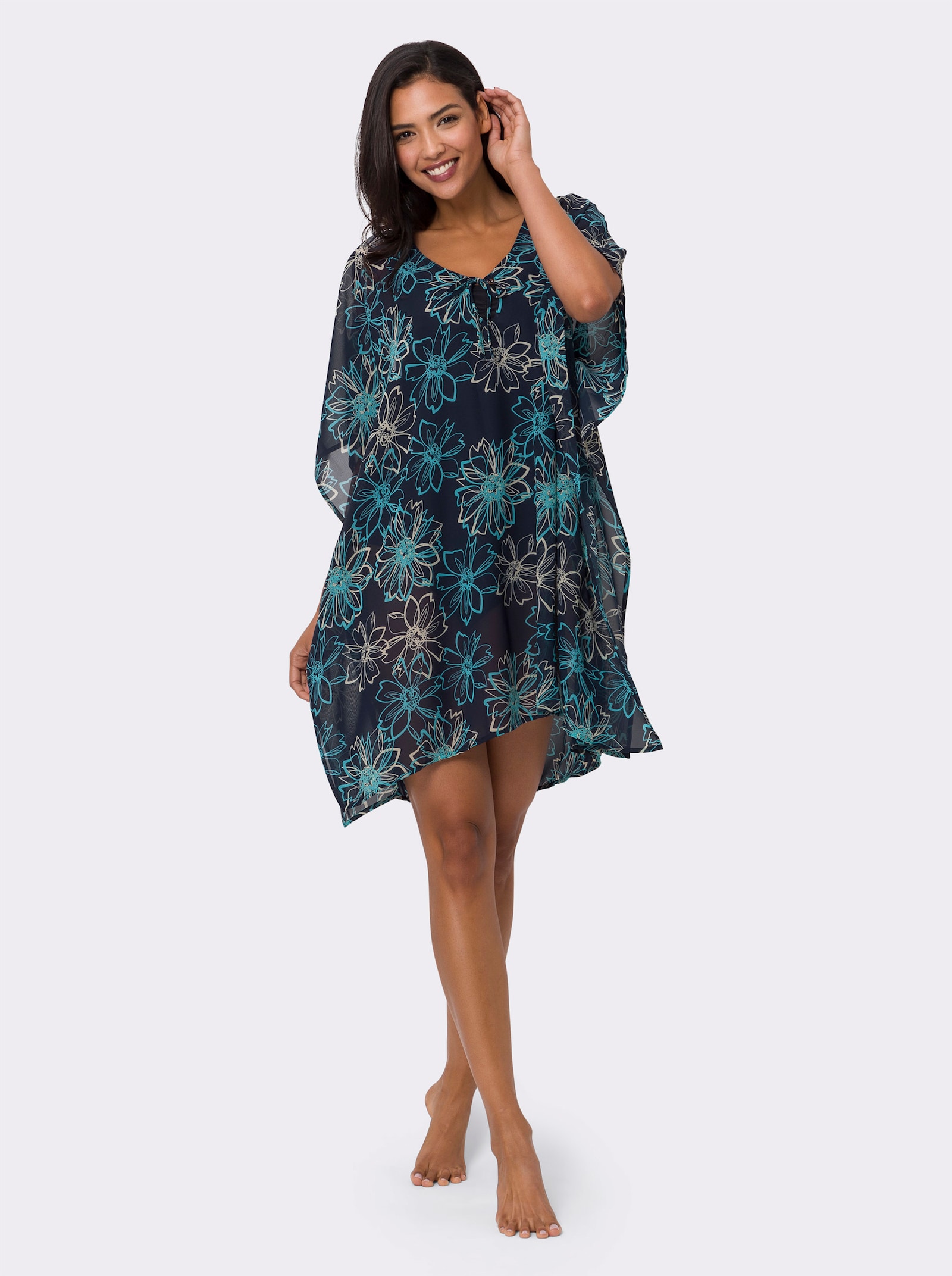 Strandkleid in Kaftan-Form - marine-türkis-bedruckt
