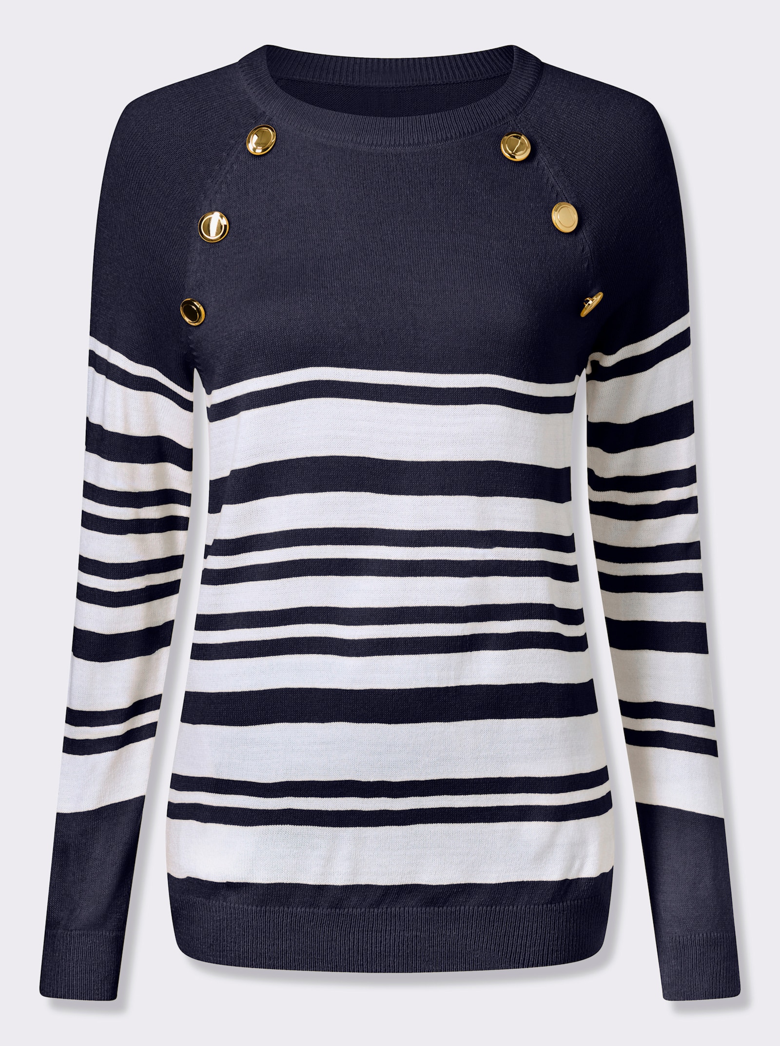 Langarm-Pullover mit goldfarbenen Knöpfen - marine-weiss-geringelt