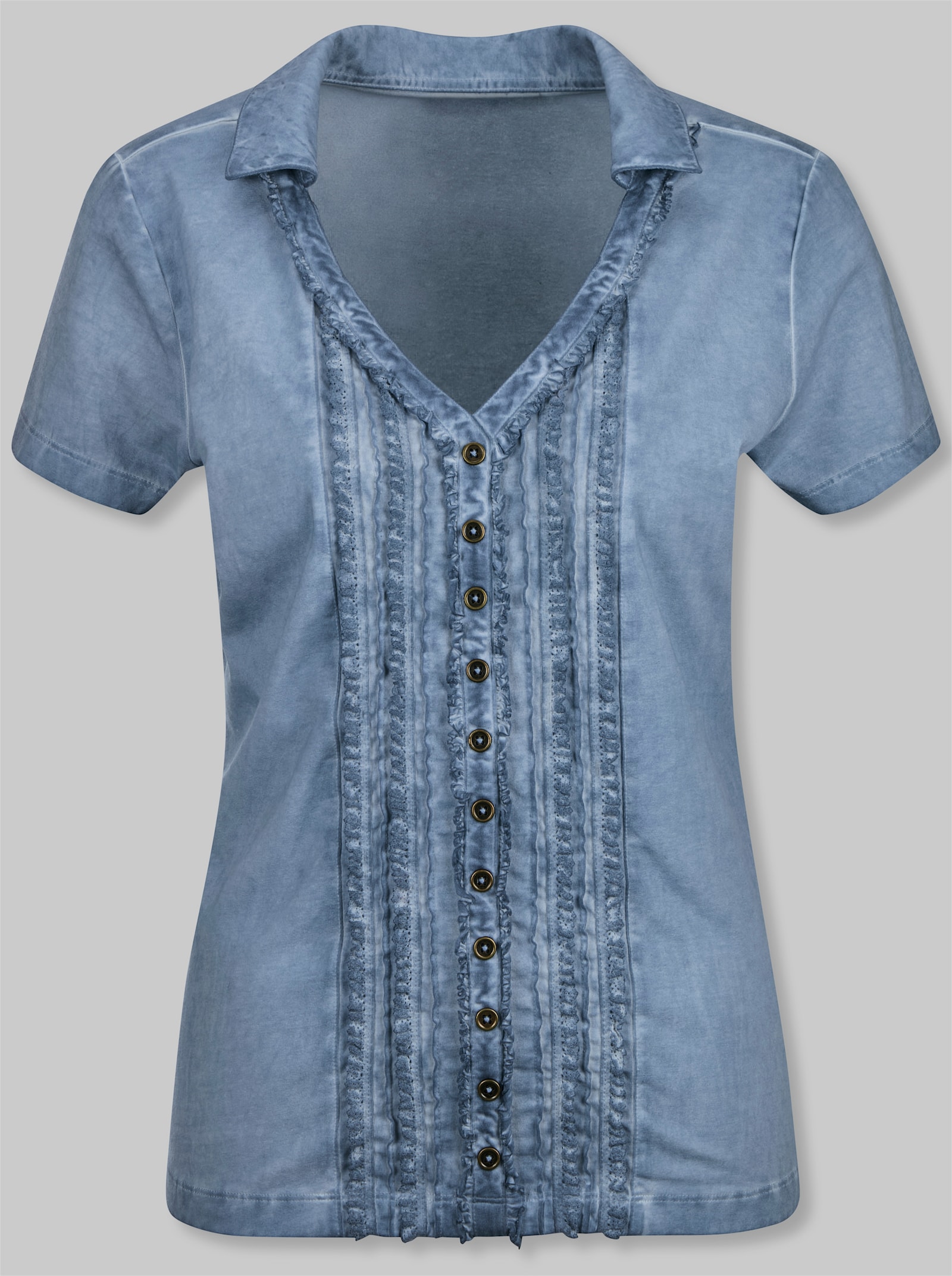 heine V-Shirt mit Rüschen - bleu