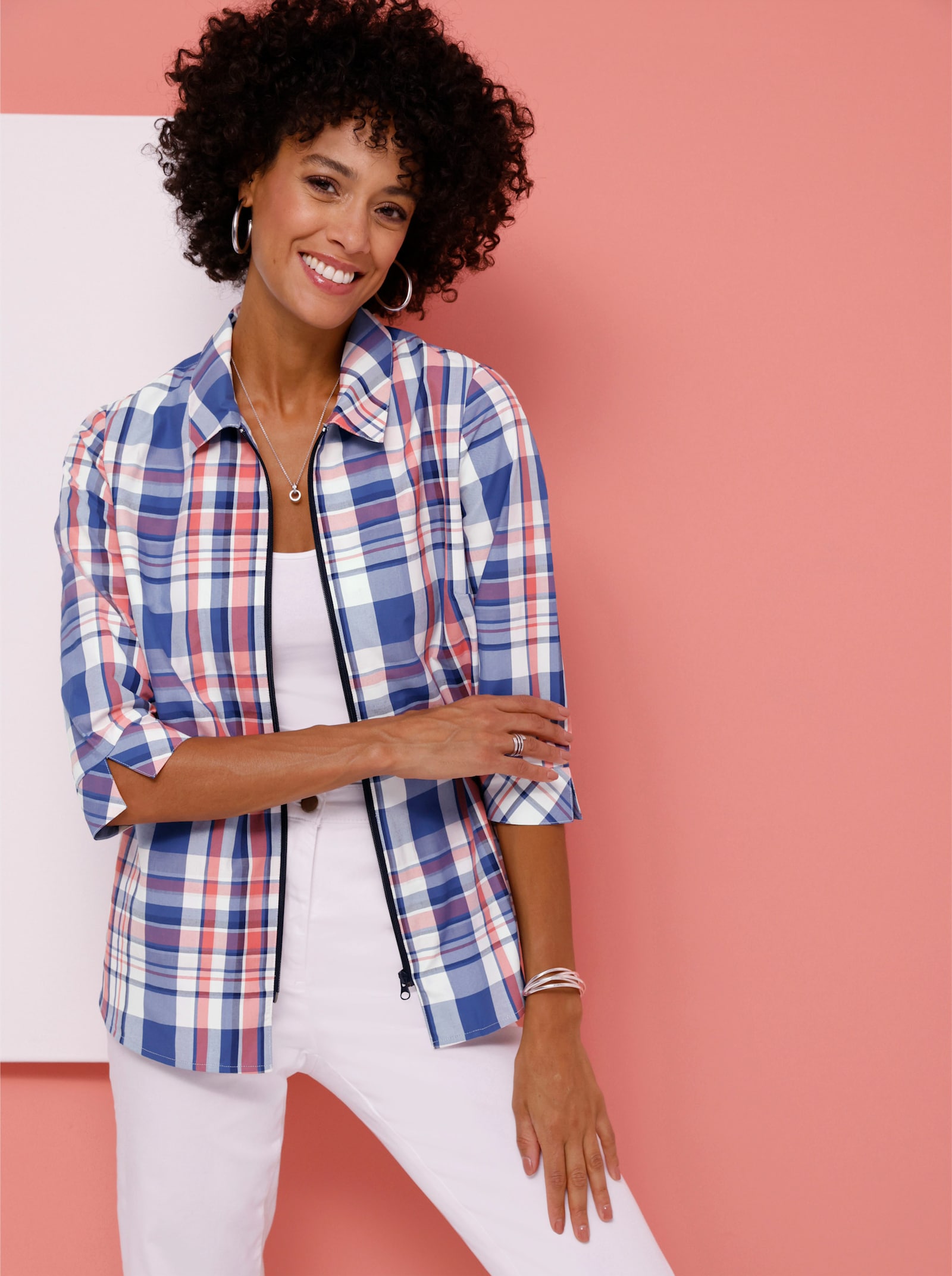 Károvaná blúzka, zap.na zips - džíns. modrá-koral. káro