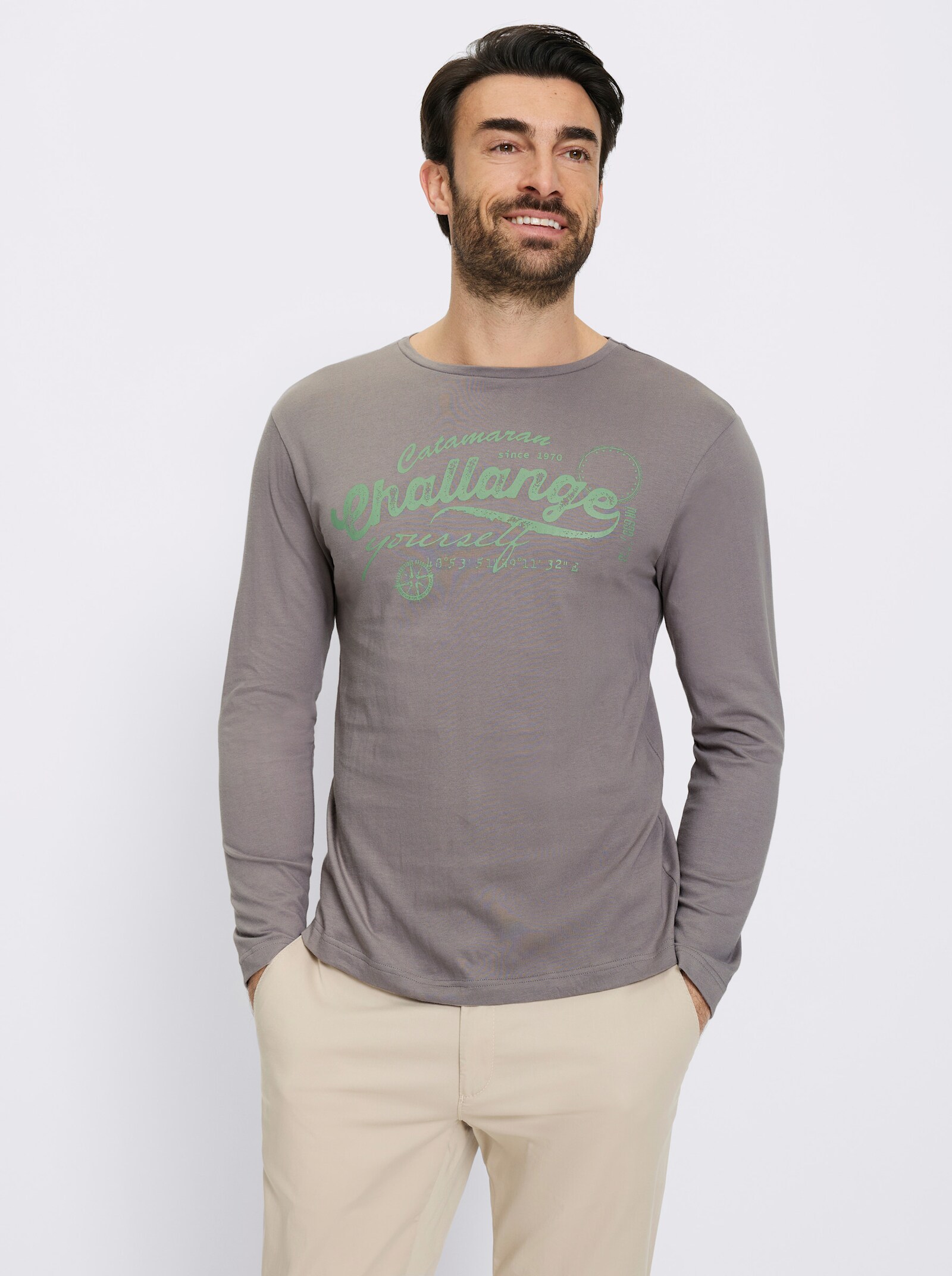 Catamaran Langarmshirt mit Front-Print - grau-eucalyptus-bedruckt