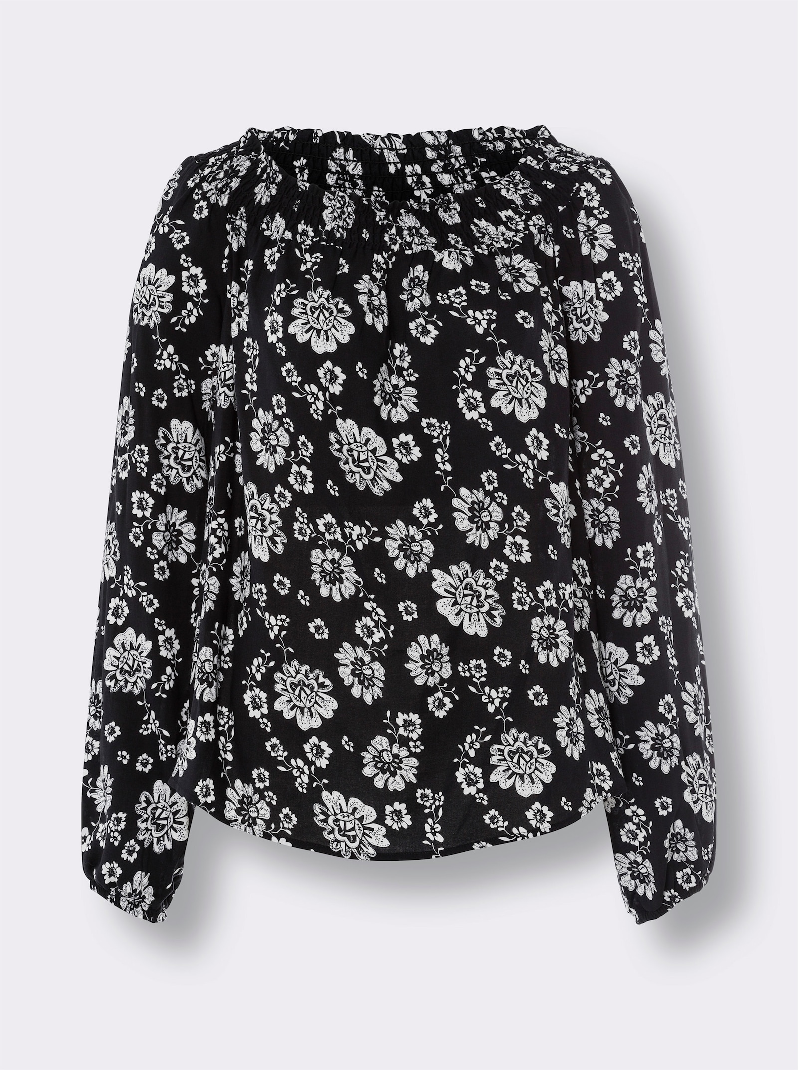 heine Druckbluse mit Carmen-Ausschnitt - schwarz-champagner-bedruckt