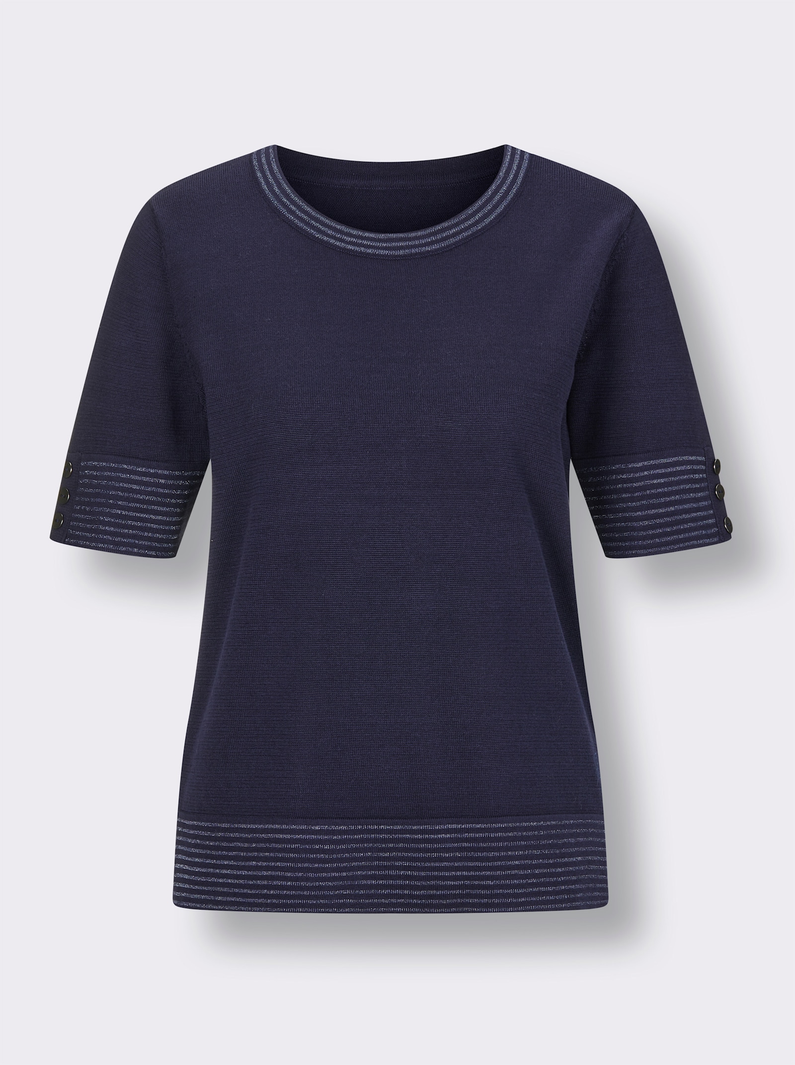 CREATION L PREMIUM Kurzarmpullover mit Glanzgarn-Abschlüssen - marine