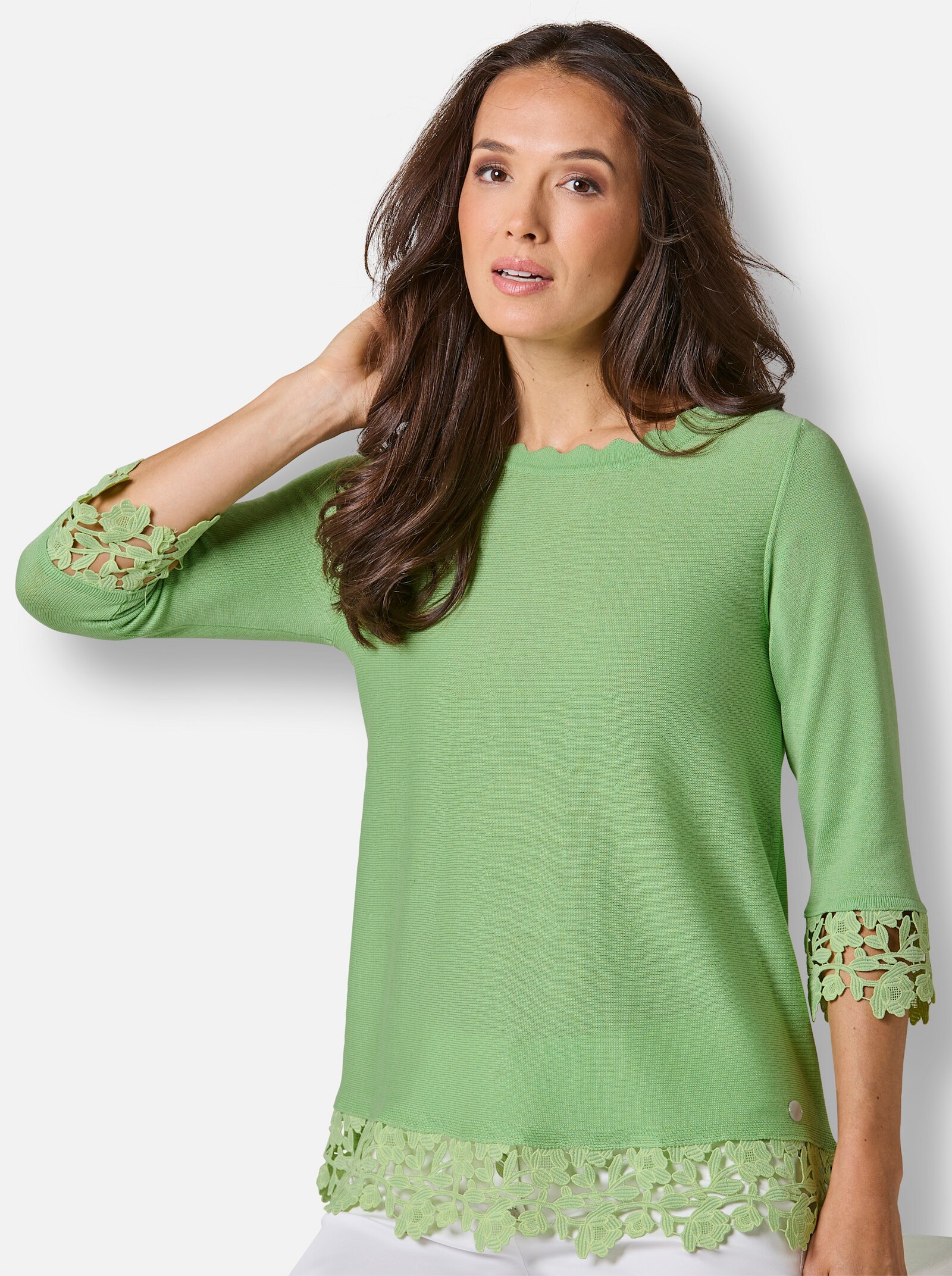 CREATION L PREMIUM Feinstrickpullover mit breitem Spitzenabschlusss - reseda